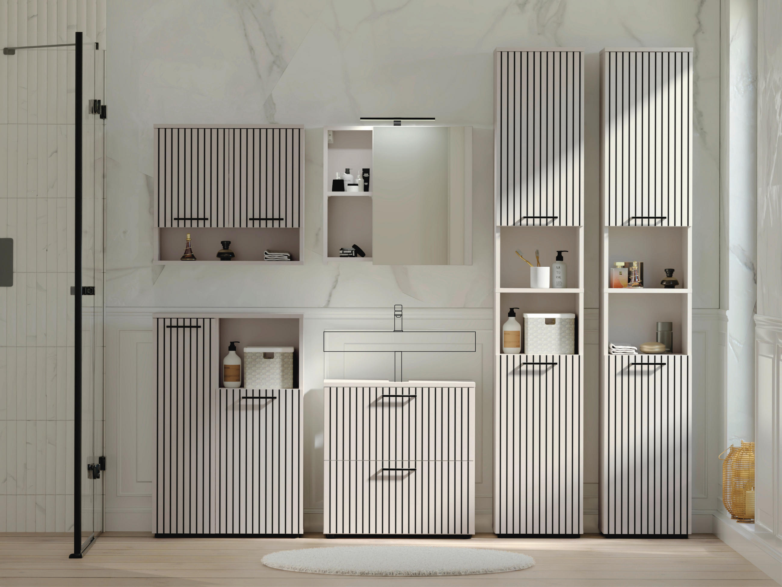 BADEZIMMER 6-teilig  in 235 cm  - Kaschmir/Schwarz, Trend, Glas/Holzwerkstoff (235cm) - Respekta