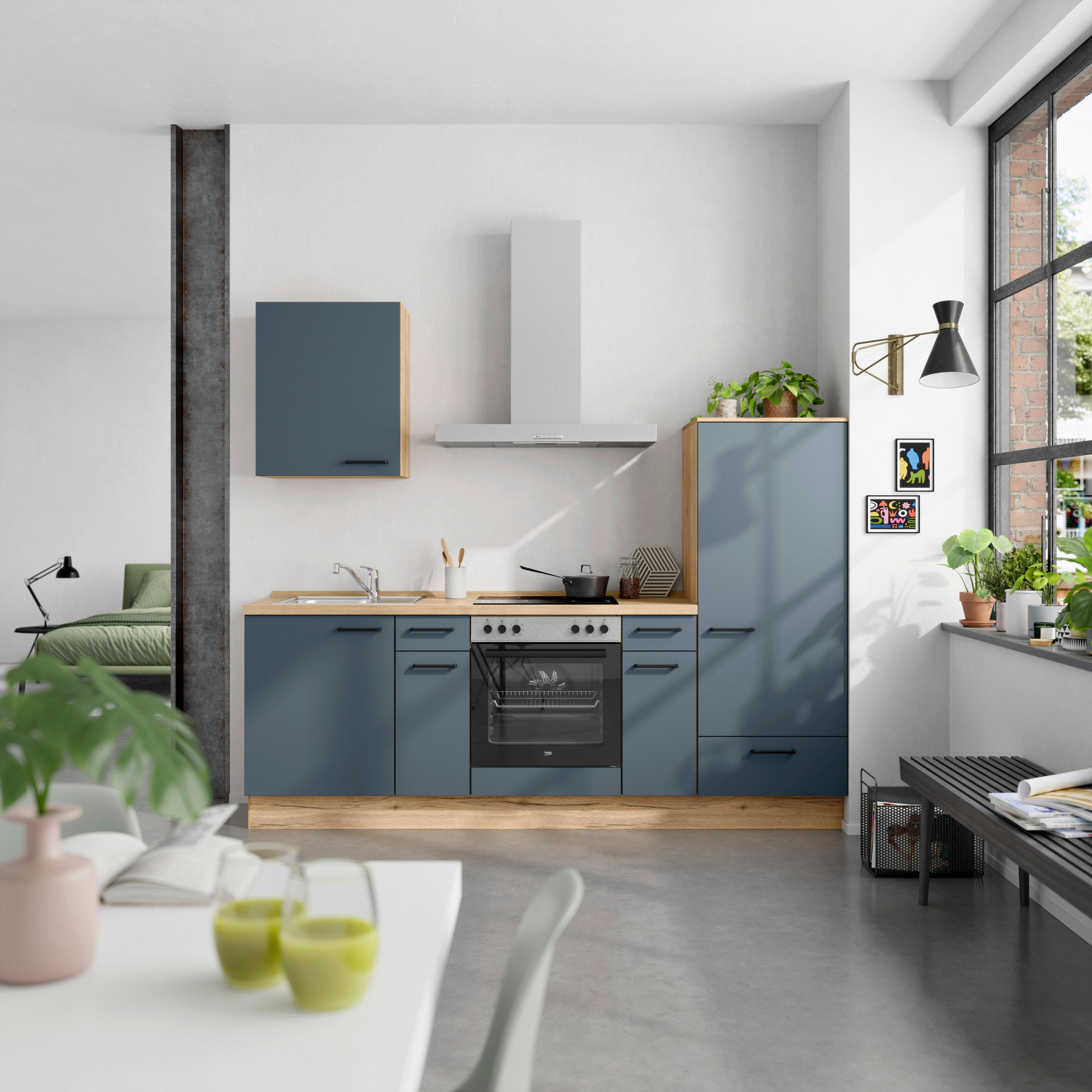 KÜCHENBLOCK 240 cm   in Eichefarben, Dunkelblau  - Eichefarben/Schwarz, MODERN, Holzwerkstoff/Metall (240cm) - Nobilia