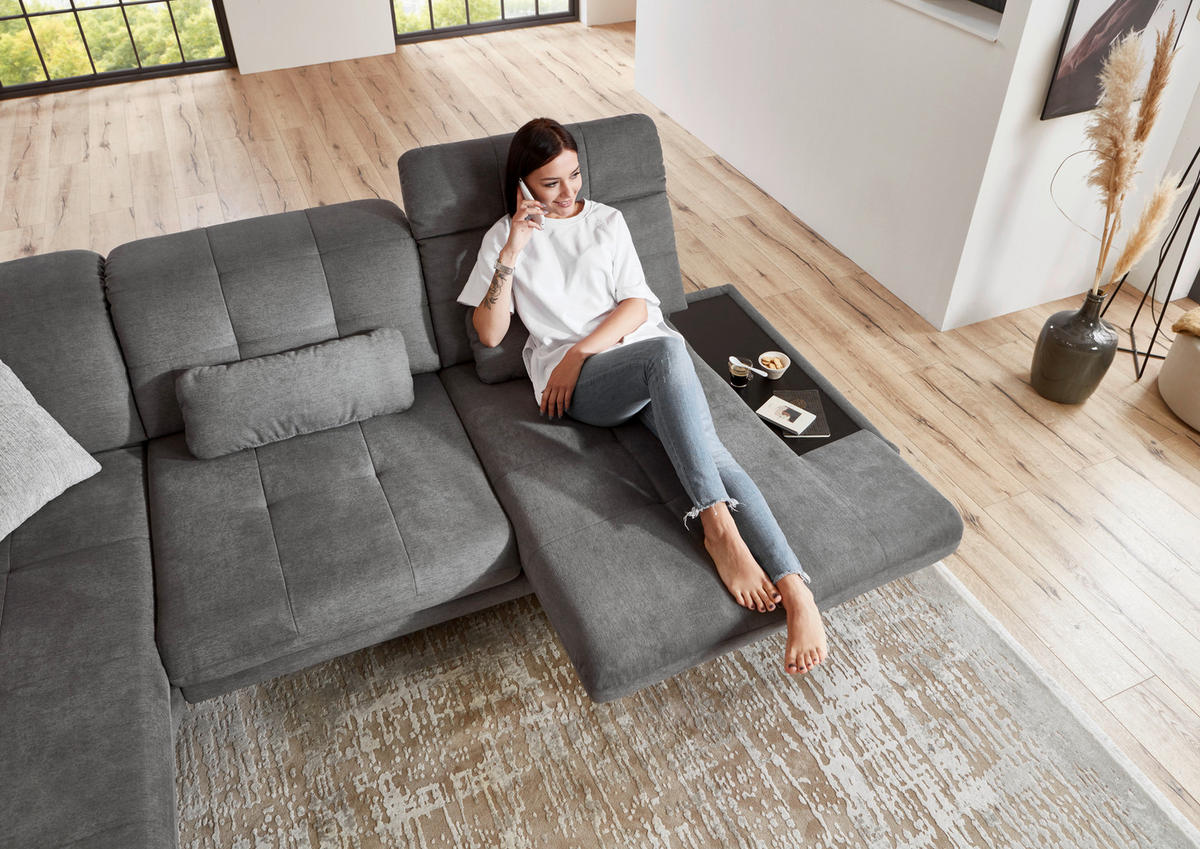ECKSOFA in Flachgewebe Grau  - Schwarz/Grau, Design, Textil/Metall (190/309cm) - Beldomo Style