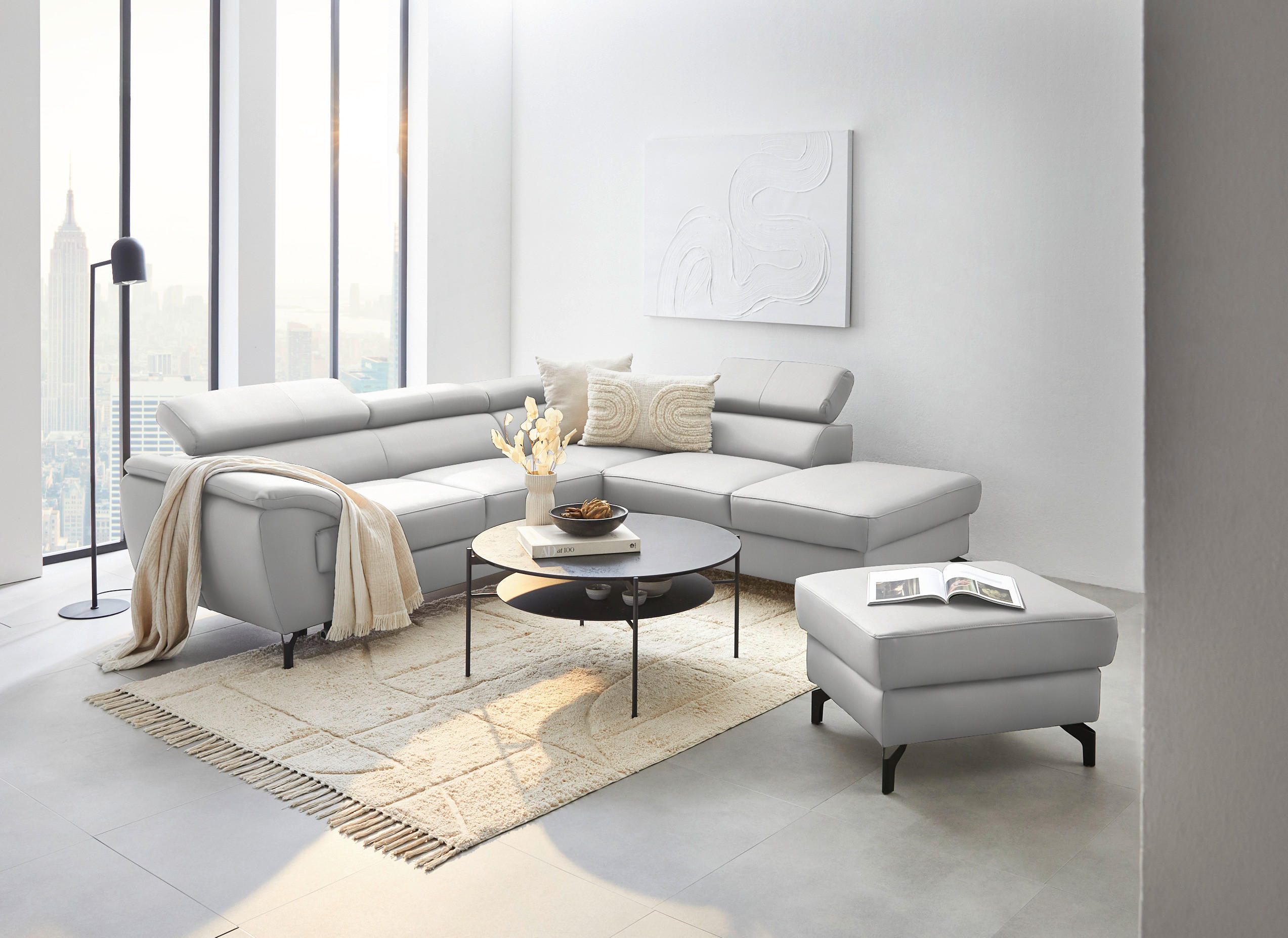 ECKSOFA in Echtleder Hellgrau  - Hellgrau/Schwarz, Design, Leder/Metall (256/220cm) - Celina Home