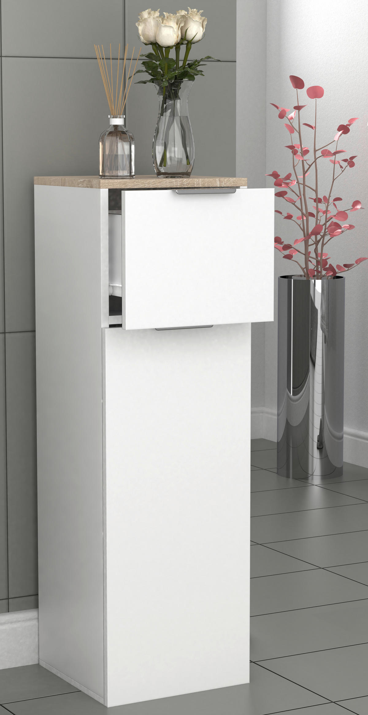 HÖG BYRÅ  i 30/95/30 cm  - vit/Sonoma ek, Modern, metall/trämaterial (30/95/30cm) - MID.YOU