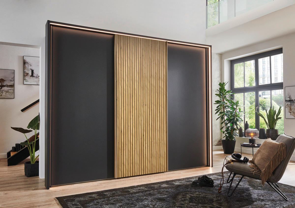 SCHWEBETÜRENSCHRANK 250/236/67 cm 3-türig Graphitfarben, Eiche Bianco  - Eiche Bianco/Graphitfarben, Design, Holz/Holzwerkstoff (250/236/67cm) - Novel
