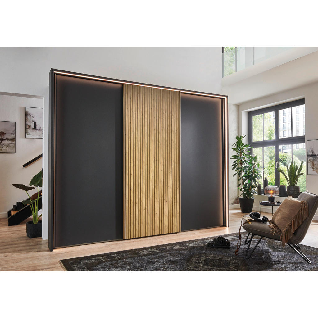 Thumbnail - Novel Schwebetürenschrank Texas, Graphit, Eiche Bianco, Holz, 6 Fächer, 250x236x67 cm, ISO 9001, Goldenes M, Made in Ger...