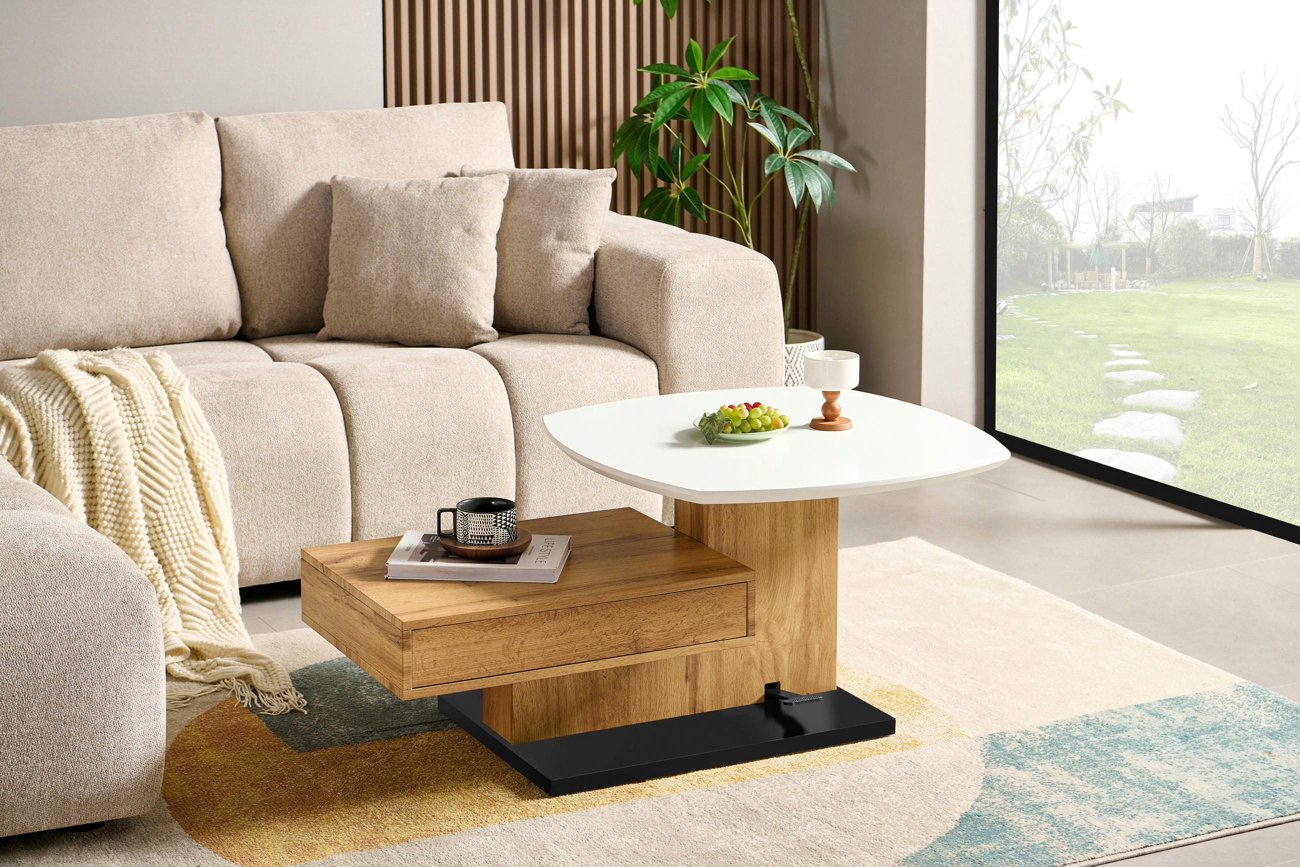 COUCHTISCH 110/70/47.5-66.5 cm quadratisch Schwarz, Weiß, Eichefarben  - Eichefarben/Schwarz, Design, Holzwerkstoff/Metall (110/70/47.5-66.5cm) - MID.YOU