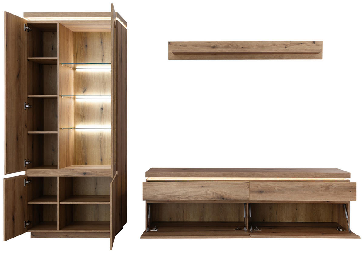 WOHNWAND 3-teilig  Eichefarben 278/197/40 cm  - Eichefarben, Design, Glas/Holzwerkstoff (278/197/40cm) - Livetastic