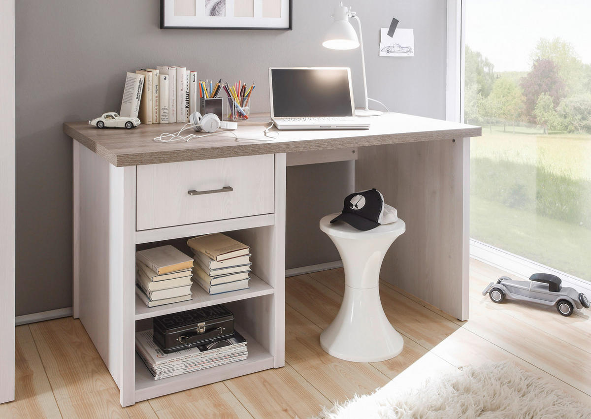 SCHREIBTISCH  in Weiß, Trüffeleichefarben  - Trüffeleichefarben/Graphitfarben, LIFESTYLE, Holzwerkstoff/Metall (141/77/81cm) - Carryhome