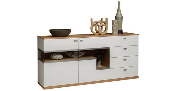 SIDEBOARD furniert Weiß, Eichefarben Abdeckplatte, Einlegeböden  - Edelstahlfarben/Eichefarben, Design, Holzwerkstoff (180/84/43cm) - Dieter Knoll