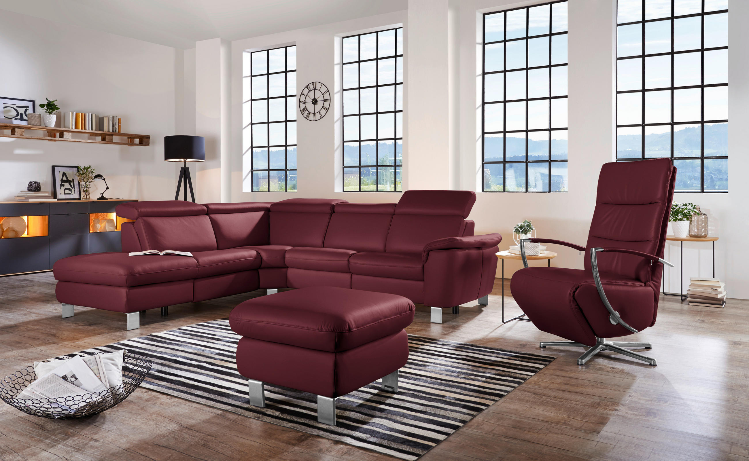 ECKSOFA in Echtleder Weinrot  - Weinrot/Alufarben, Design, Leder/Metall (239/271cm) - Cantus