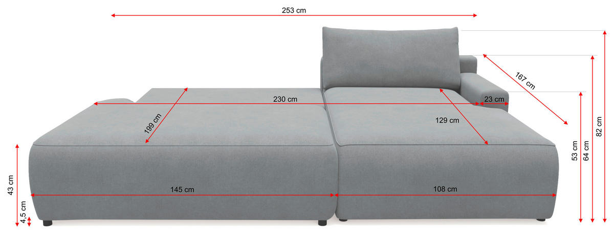 ECKSCHLAFSOFA in Struktur Grau  - Schwarz/Grau, Modern, Kunststoff/Textil (253/167cm) - Trendmanufaktur