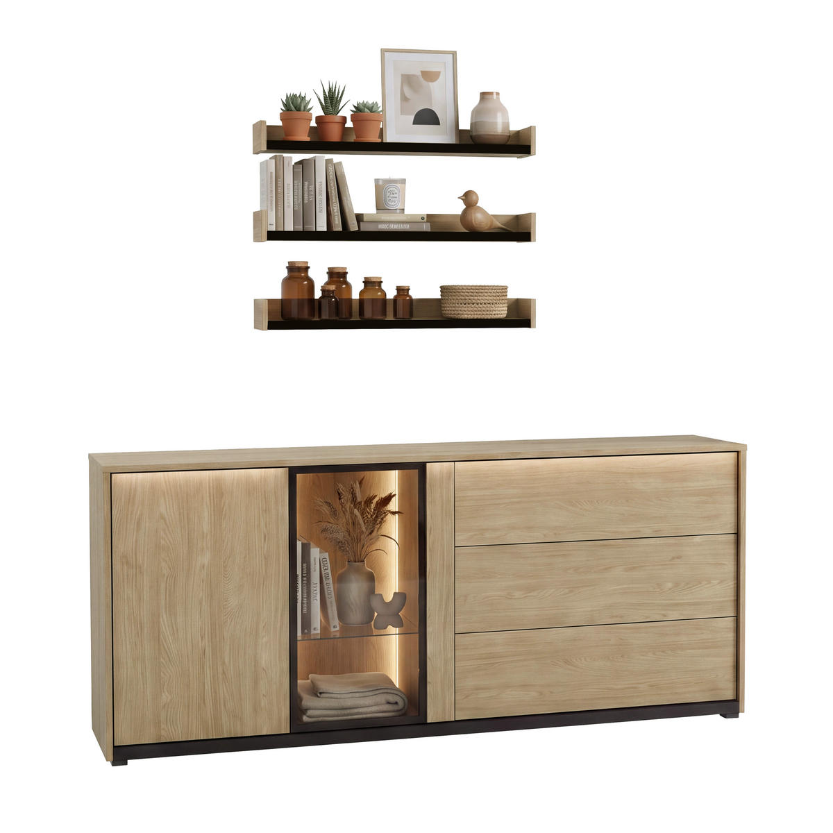 WANDBOARDSET  95/10/19 cm  - Eichefarben/Schwarz, Modern, Holzwerkstoff (95/10/19cm) - Stylife