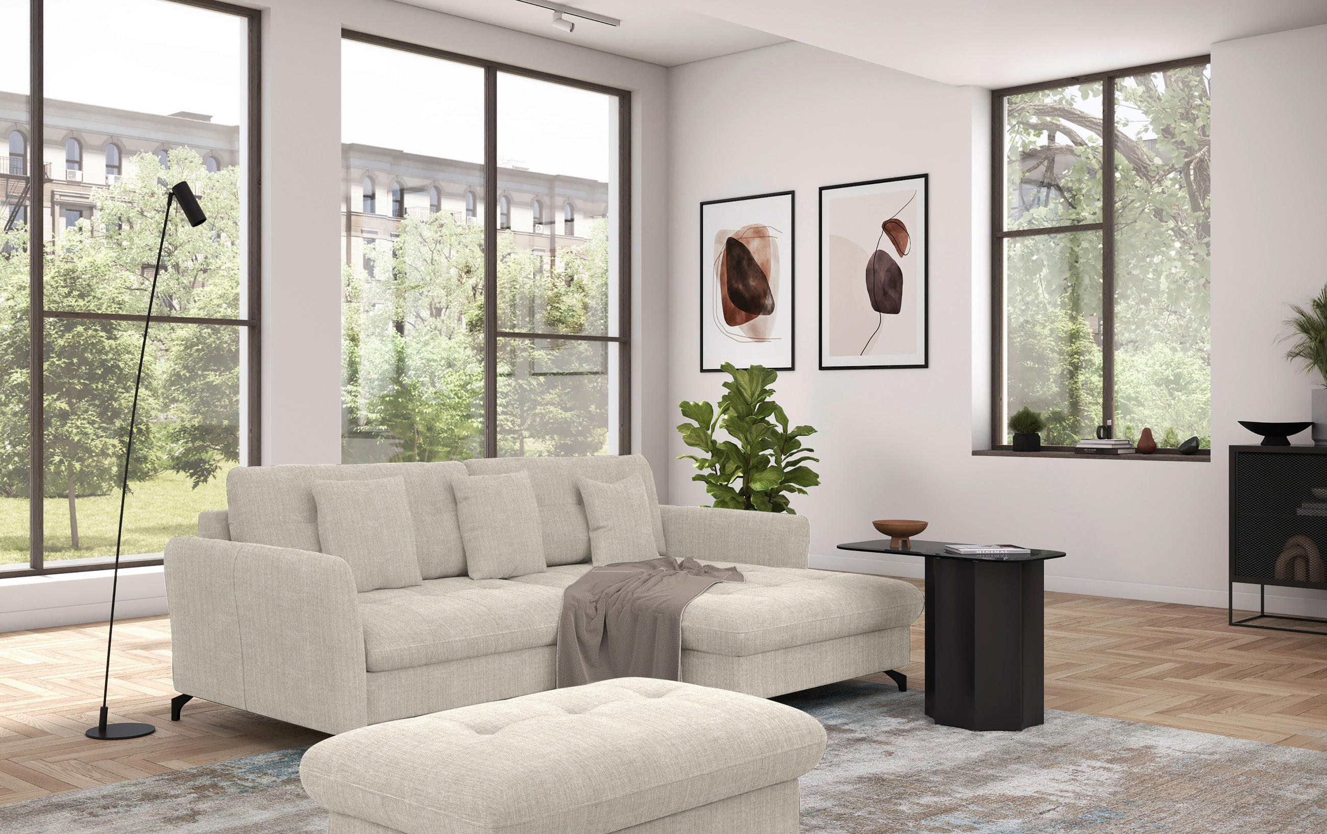 ECKSOFA in Flachgewebe, Leinenoptik Beige - Beige/Schwarz, Design, Textil/Metall (242/170cm) - Xora