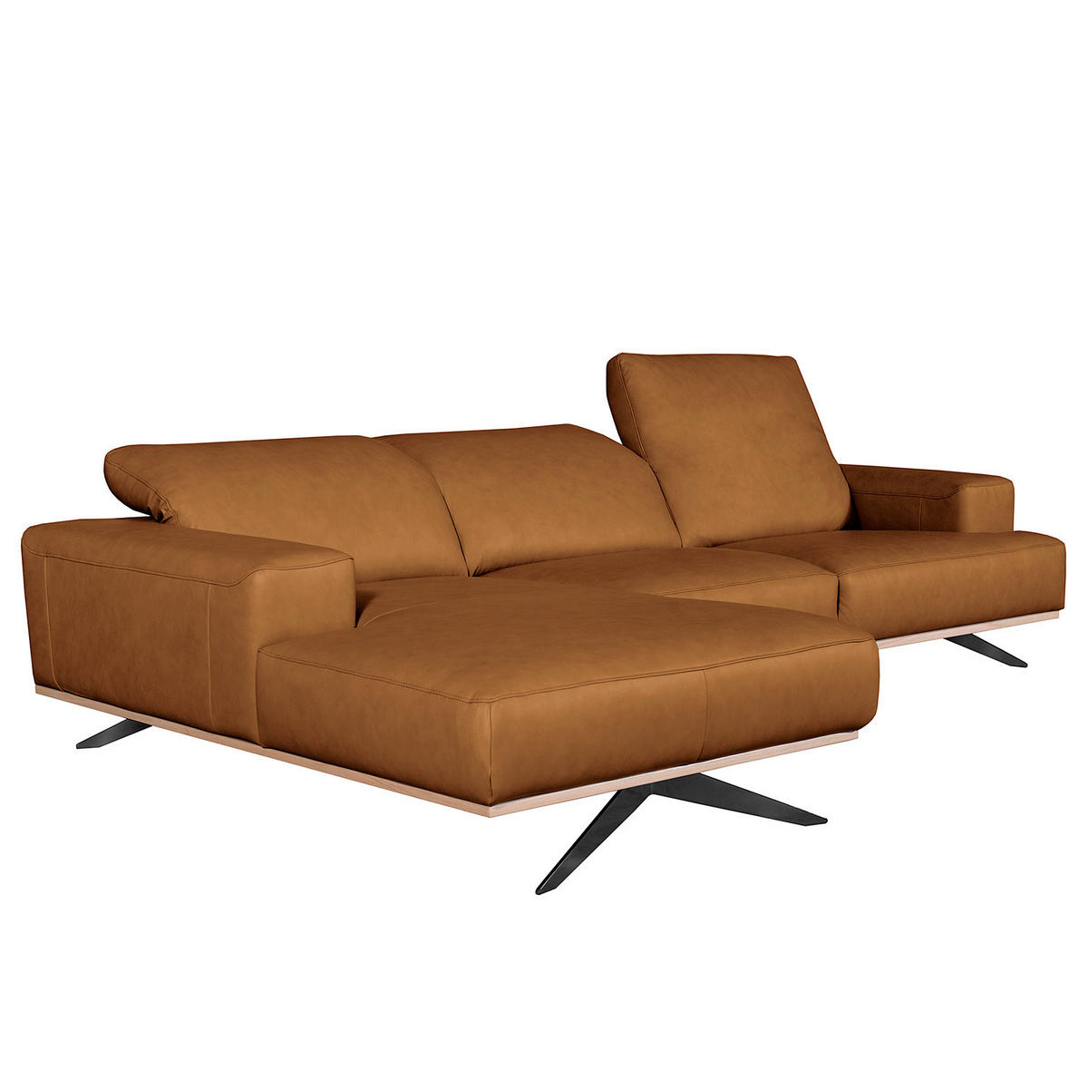 ECKSOFA Cognac Echtleder Rücken echt, Kopfteilverstellung  - Cognac/Schwarz, Design, Leder/Metall (187/295cm) - Livetastic