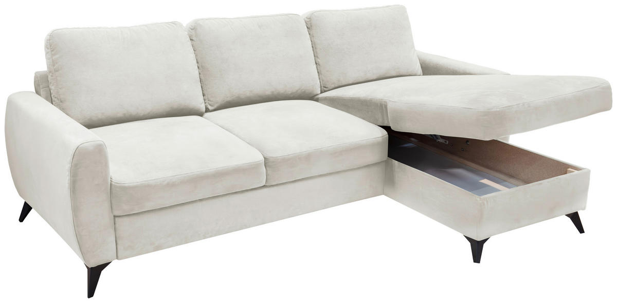 ECKSCHLAFSOFA JEFFREY Mikrovelours Creme  inkl. Zierkissen, Rückenkissen, Stauraum  - Taupe/Creme, KONVENTIONELL, Textil/Metall (230/150cm) - Livetastic