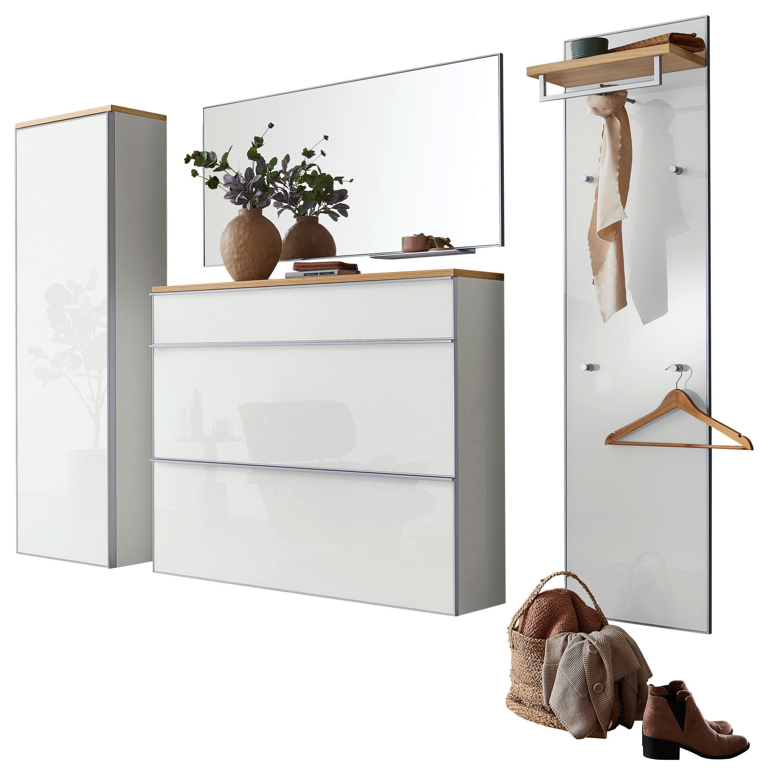 GARDEROBE 5-teilig  in 255/195/31 cm  - Weiß, Design, Glas/Holz (255/195/31cm)