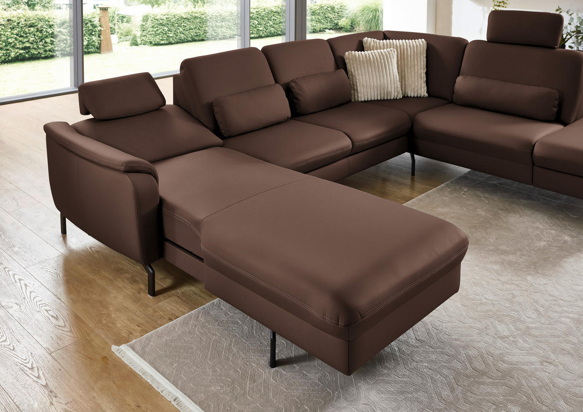 WOHNLANDSCHAFT Echtleder Mokka  - Schwarz/Mokka, Konventionell, Leder/Metall (168/306/224cm) - Beldomo Premium