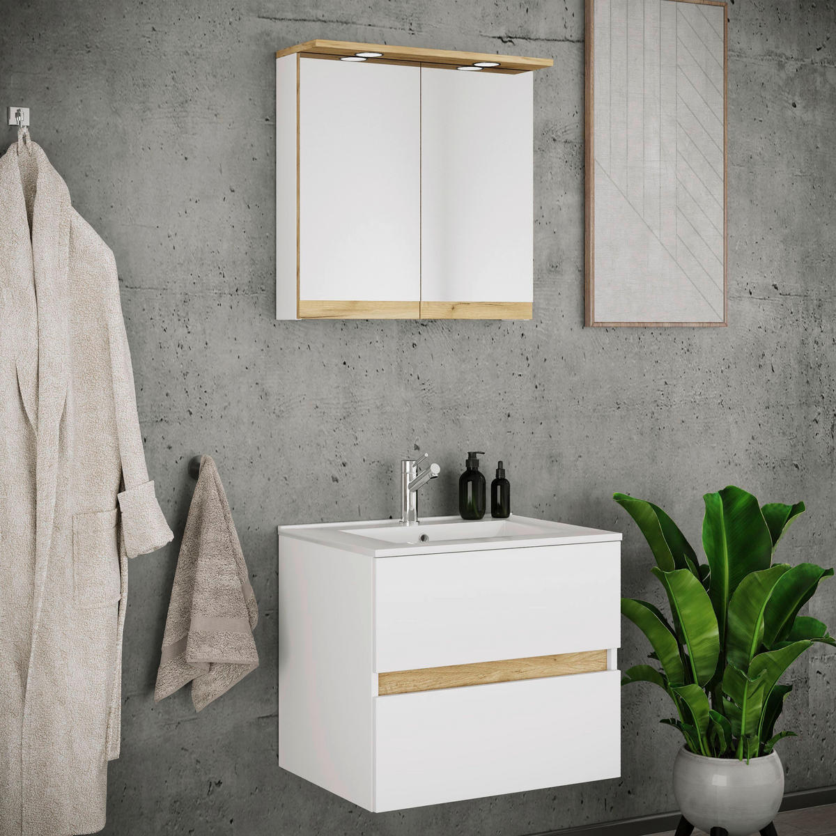 BADEZIMMER 3-teilig 61 cm  - Honigeiche/Weiss, Trend, Keramik/Holzwerkstoff (61cm) - MID.YOU
