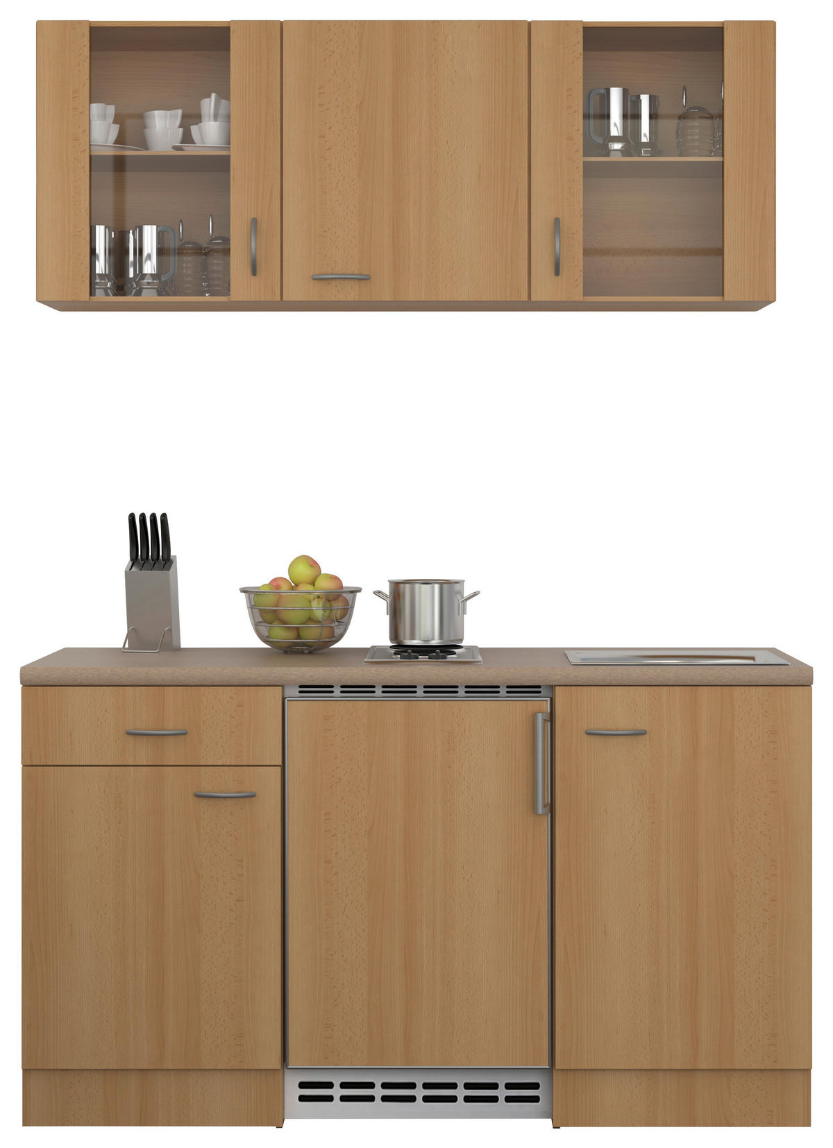 MINIKÜCHE 150 cm   in Buchefarben  - Edelstahlfarben/Beige, MODERN, Glas/Holzwerkstoff (150cm) - FlexWell