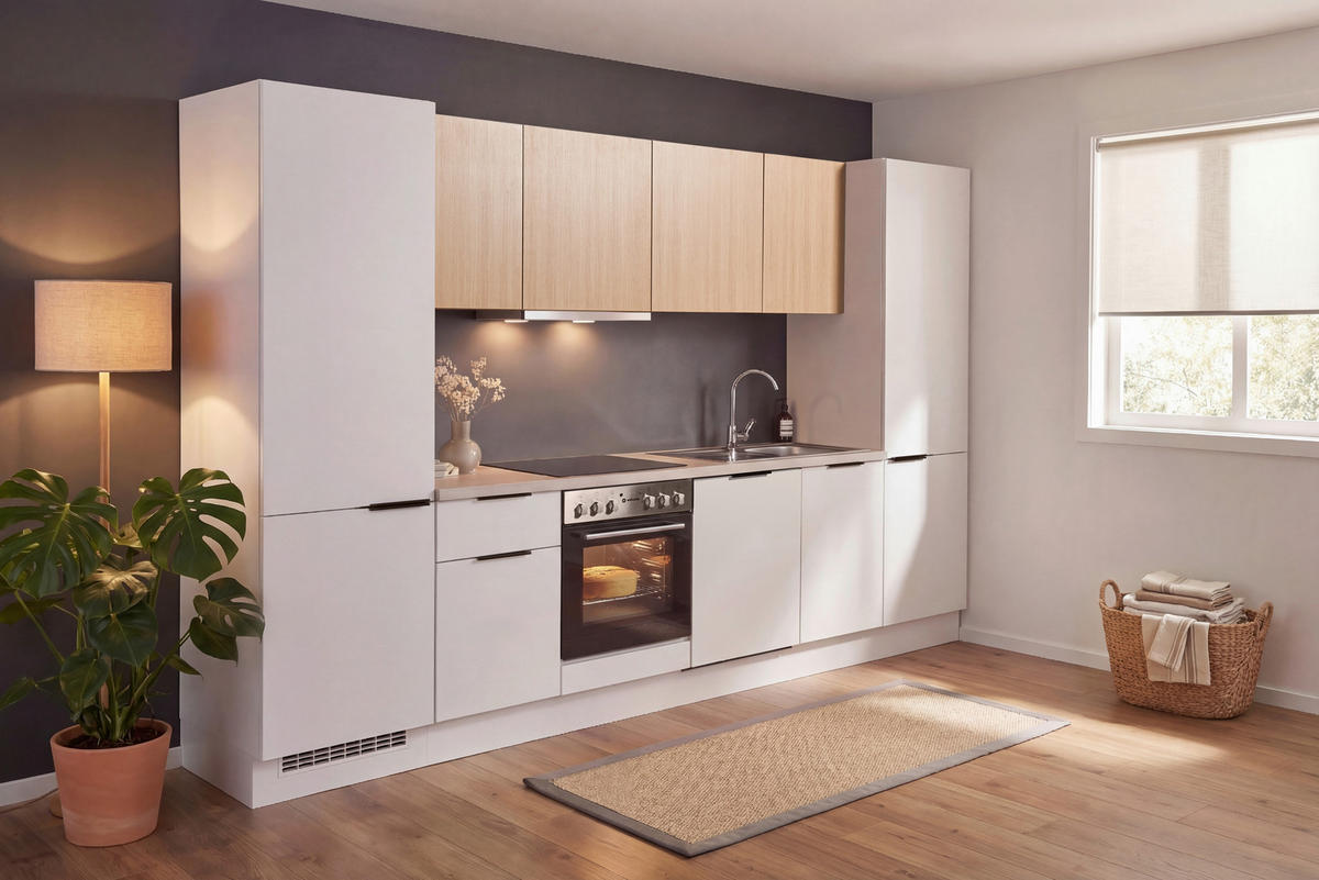 KÜCHENLEERBLOCK 340 cm  in Weiß, Eichefarben  - Eichefarben/Beige, Design, Holzwerkstoff/Metall (340cm) - P & B
