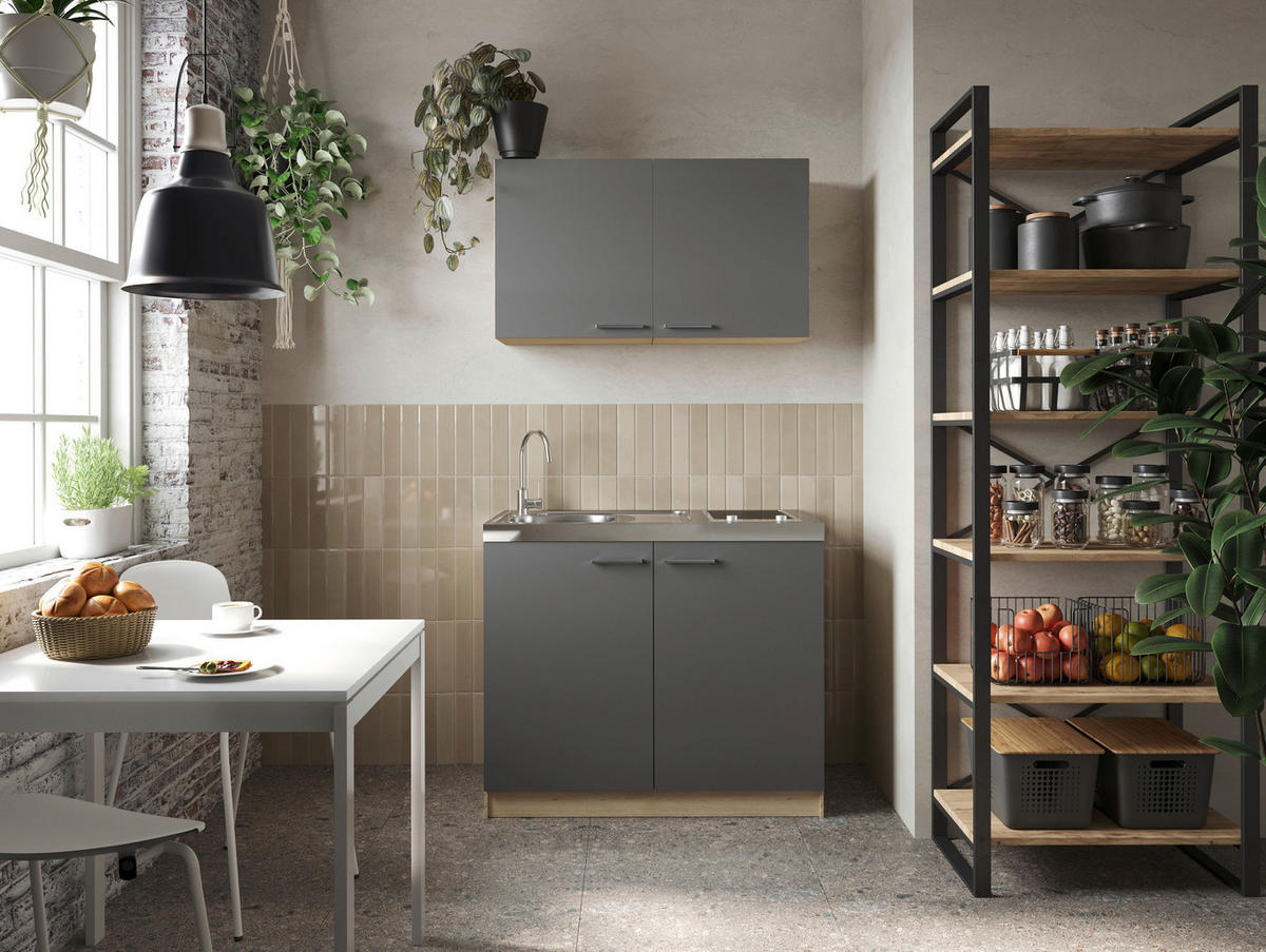 MINIKÜCHE 100 cm   in Grau, Eichefarben  - Eichefarben/Silberfarben, Basics, Holzwerkstoff/Metall (100cm) - Respekta