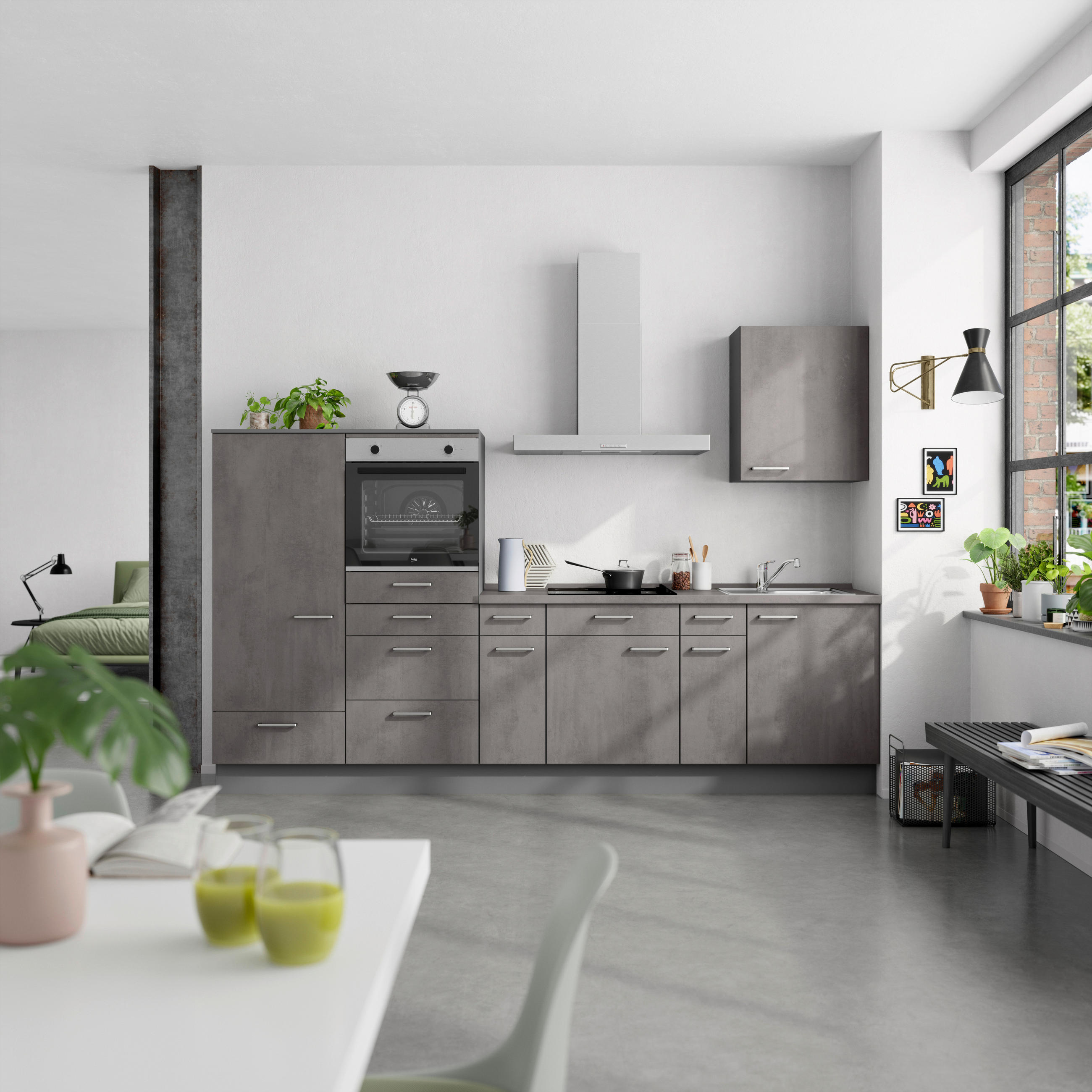 KÜCHENBLOCK Riva 300 cm  in Schieferfarben  - Schieferfarben/Edelstahlfarben, MODERN, Holzwerkstoff/Metall (300cm) - Nobilia