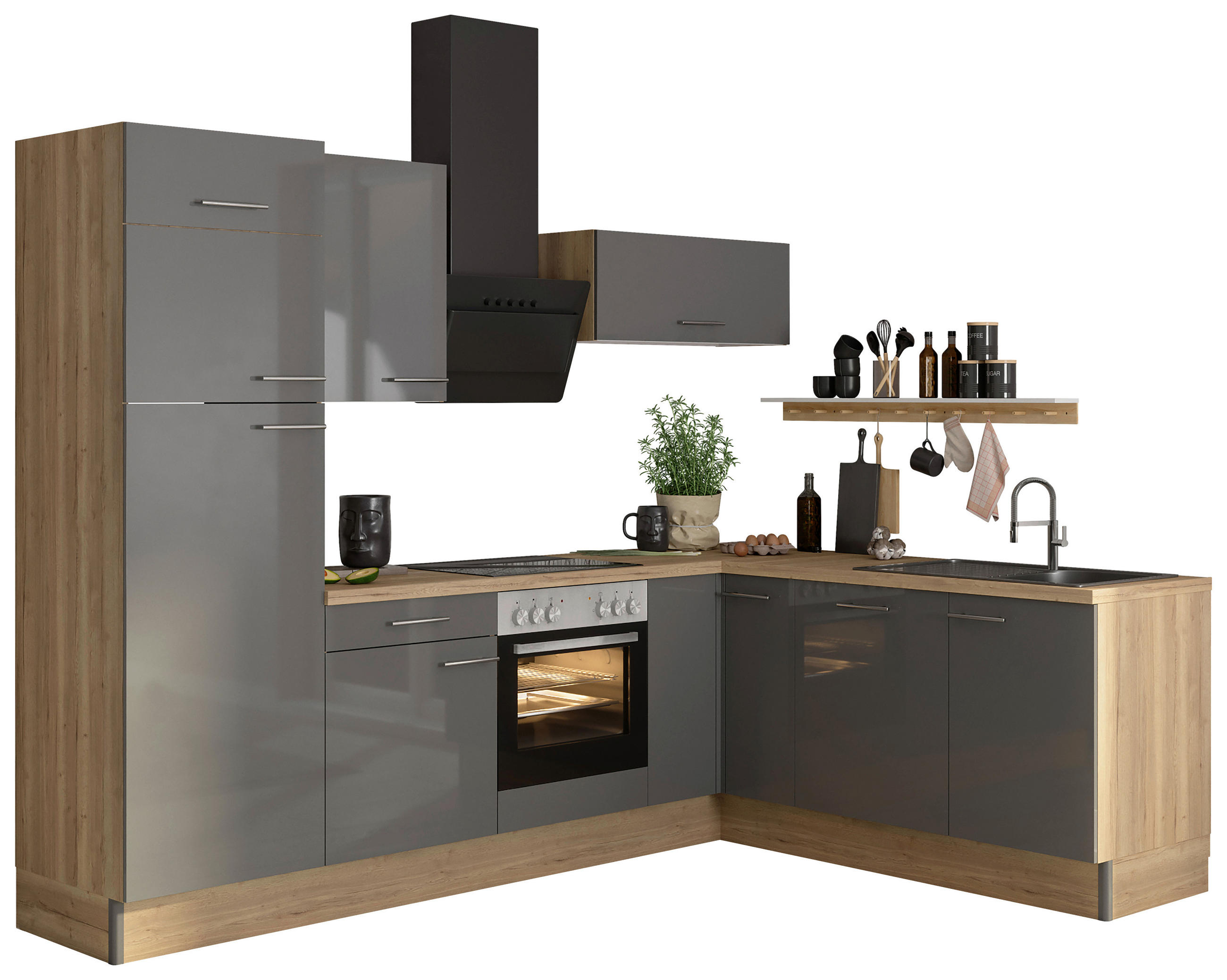 ECKKÜCHE 270/200 cm  in Anthrazit, Eichefarben  - Edelstahlfarben/Eichefarben, Basics, Holzwerkstoff/Metall (270/200cm) - Optifit