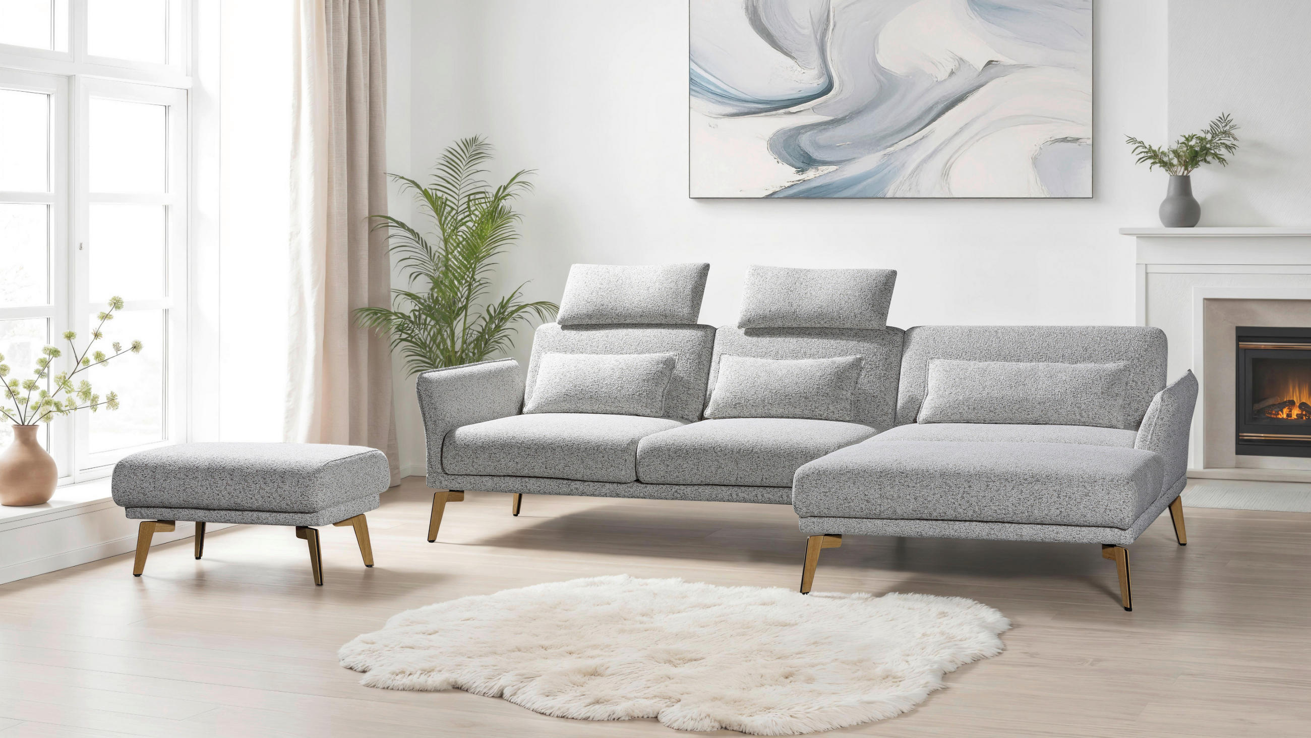 ECKSOFA Creme, Hellgrau Flachgewebe  - Eichefarben/Creme, Design, Holz/Textil (289/164cm) - Valnatura