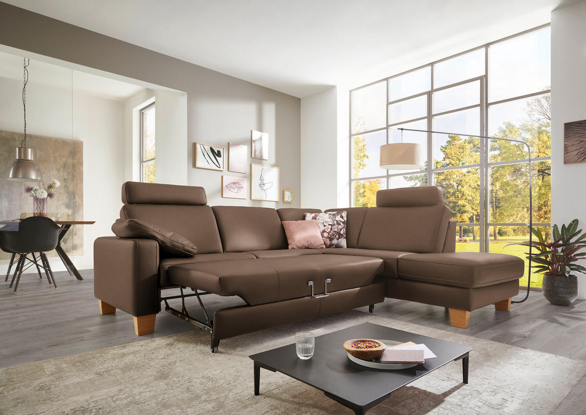 ECKSOFA in Echtleder Graubraun  - Eiche Bianco/Graubraun, Konventionell, Leder/Holz (257/235cm) - Valdera