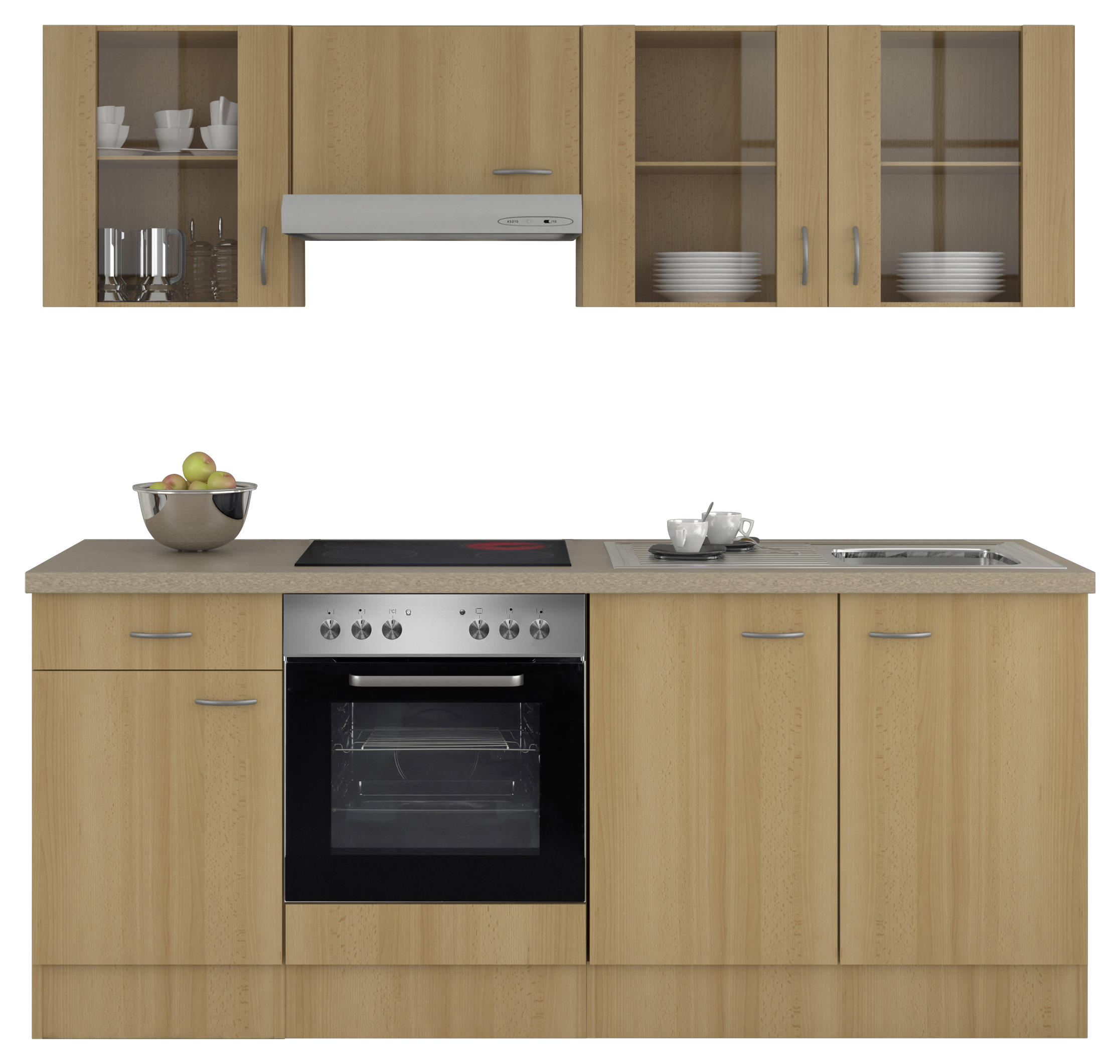 KÜCHENBLOCK 210 cm in Creme, Buchefarben, Edelstahlfarben - Edelstahlfarben/Buchefarben, MODERN, Glas (210cm) - MID.YOU