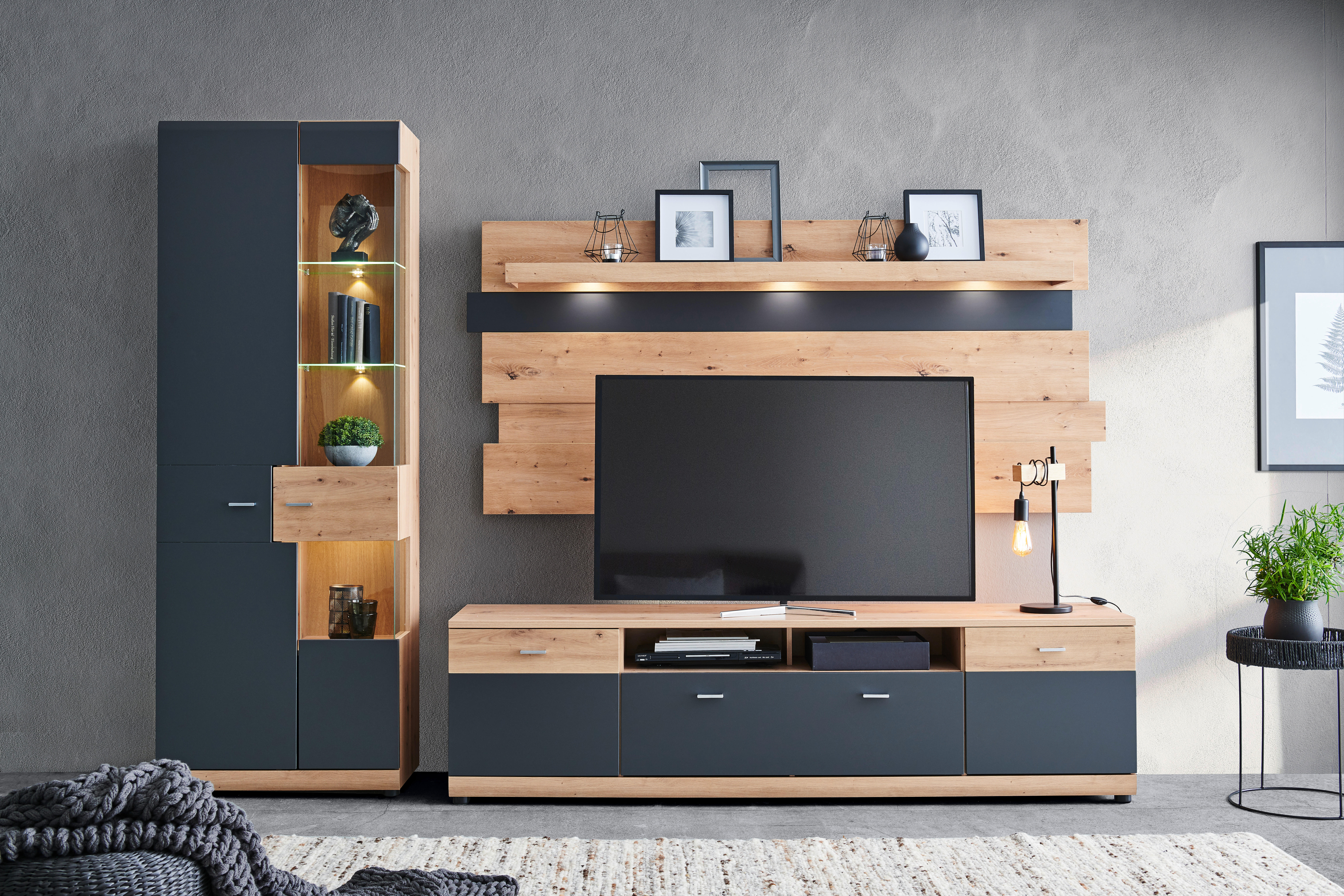 TV DÍL, dub artisan, 200/53/44 cm - černá/barvy grafitu, Trend, kov/kompozitní dřevo (200/53/44cm) - Carryhome