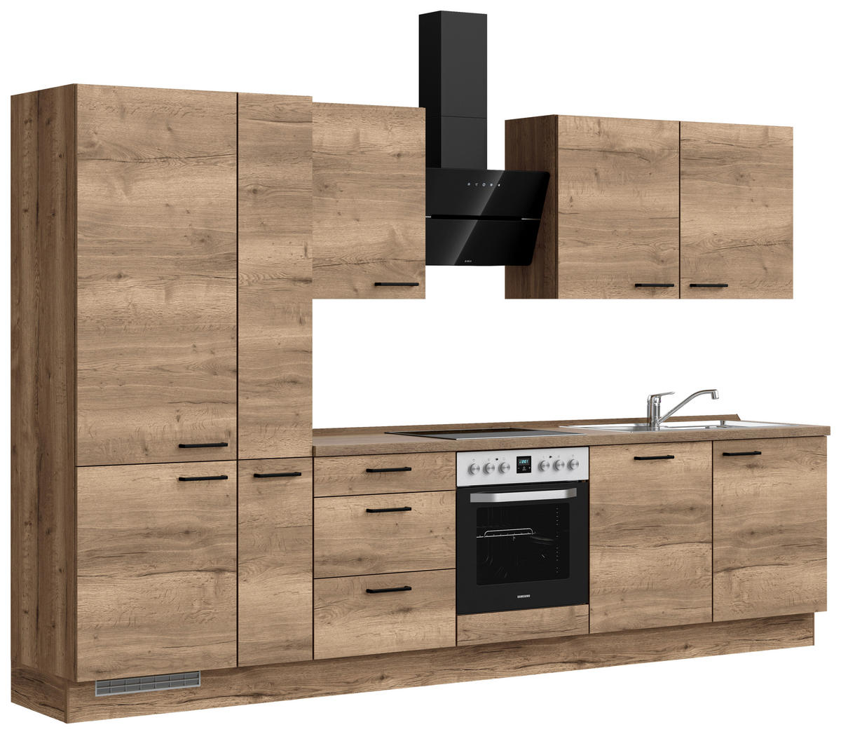 BUCĂTĂRIE FĂRĂ ELECTROCASNICE  - stejar închis la culoare/negru, Modern, metal/material pe bază de lemn (330cm) - Nobilia
