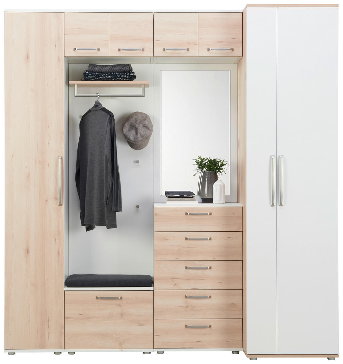 GARDEROBE 8-teilig  in 221/233/56 cm  - Buchefarben/Weiß, Design, Holzwerkstoff (221/233/56cm) - Moderano