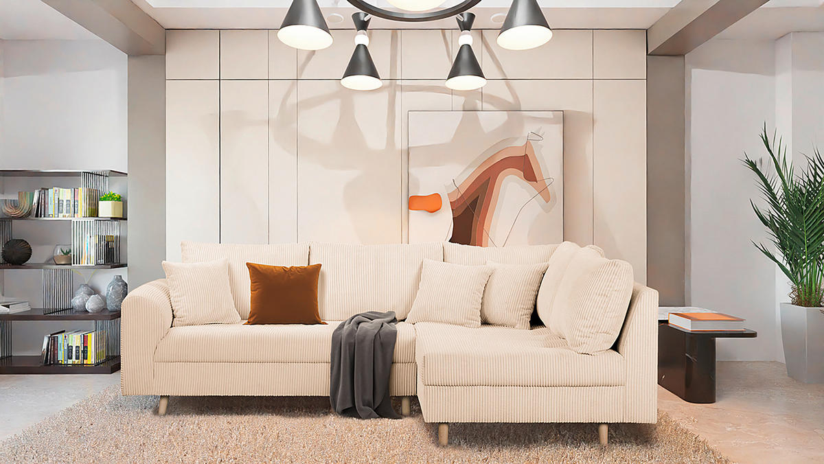 ECKSOFA inkl. Hocker Ariella in Cord Creme  231/161 cm  - Creme/Naturfarben, Design, Holz/Textil (231/161cm) - Livetastic