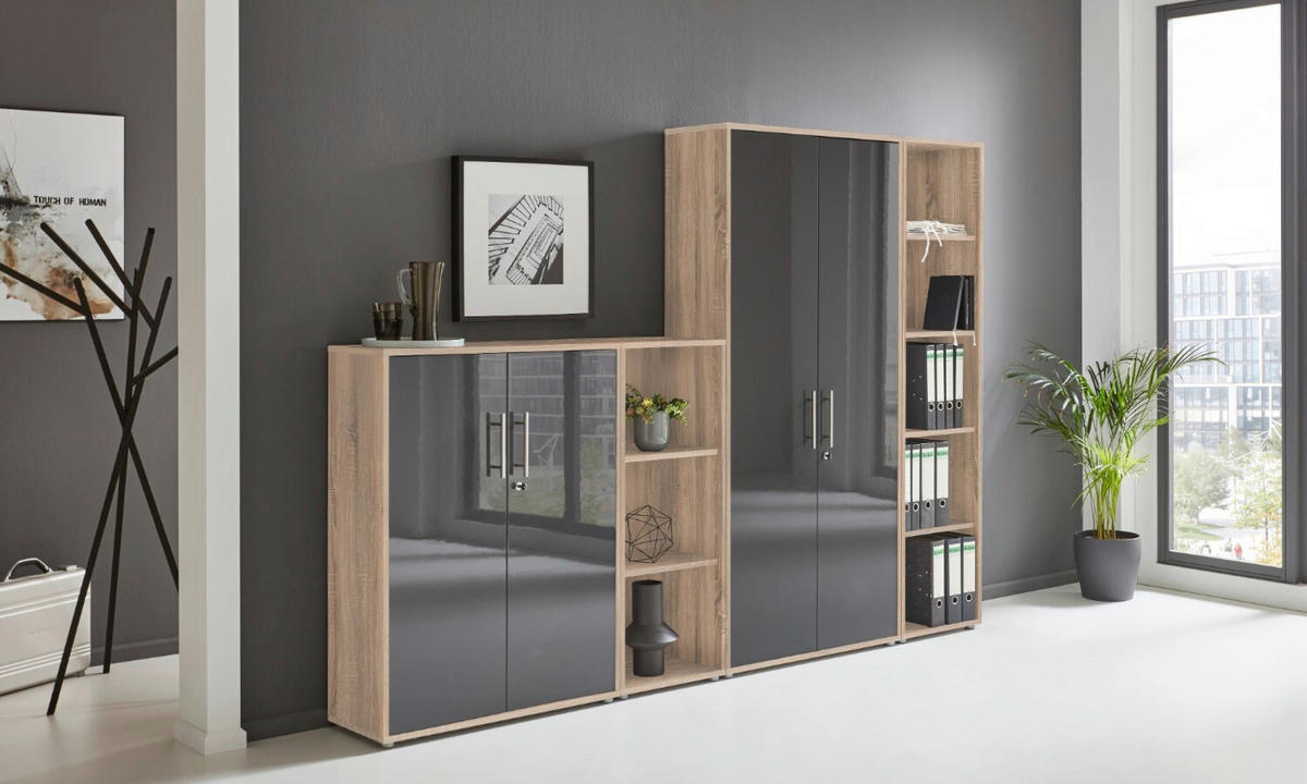 BÜRO erweiterbar, abschließbar Sonoma Eiche, Anthrazit Hochglanz - Anthrazit Hochglanz/Sonoma Eiche, MODERN, Holzwerkstoff/Metall - MID.YOU