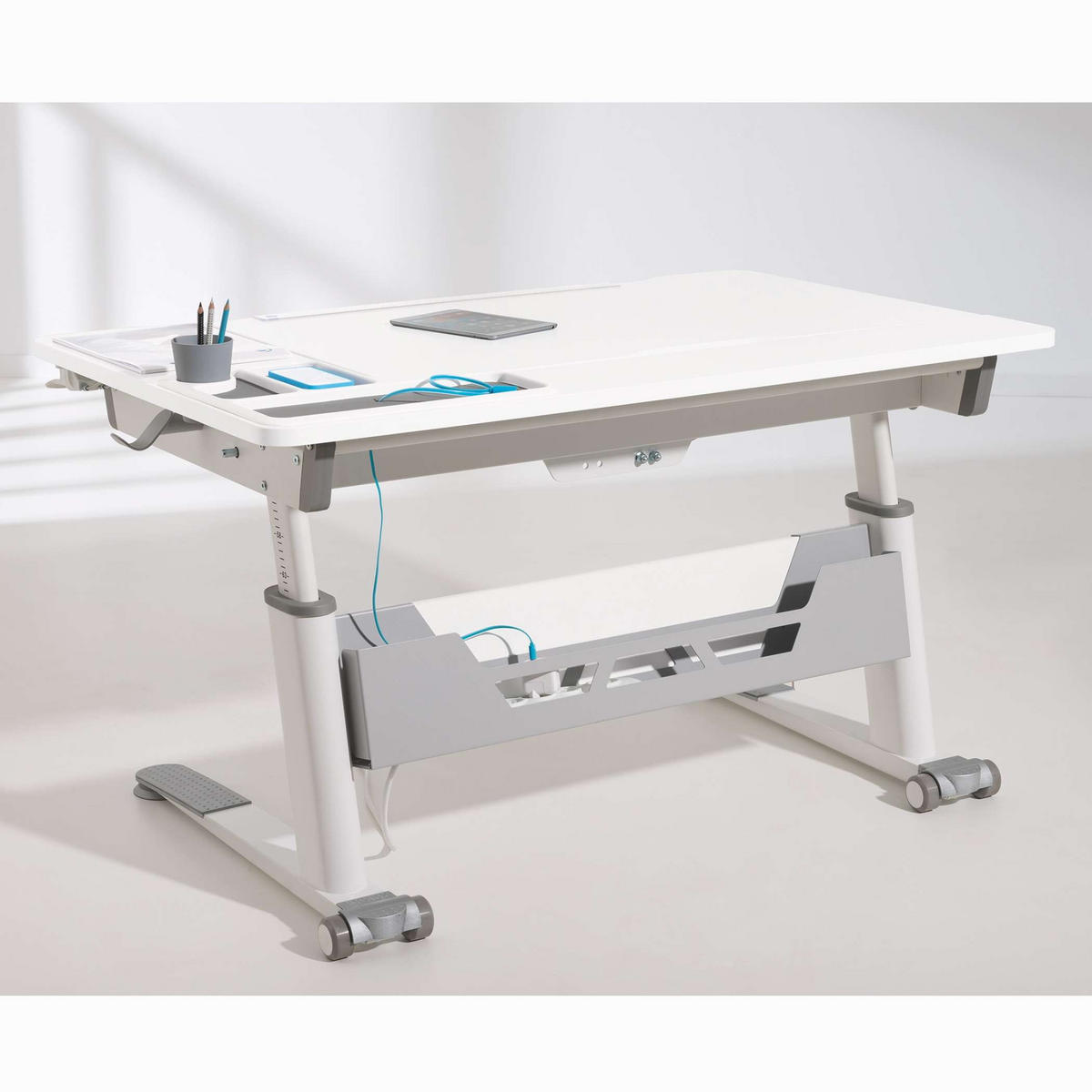 IFJÚSÁGI ÍRÓASZTAL fém, faalapú anyag  - ezüstszínű/fehér, Basics, faalapú anyag/fém (120/75,3/54-76cm) - Paidi