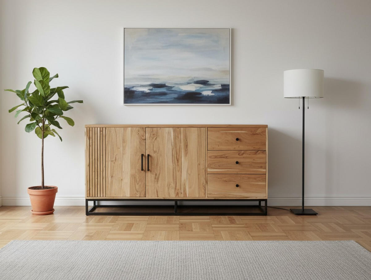 SIDEBOARD  160/80/42 cm 3 Schublade(n)  - Schwarz/Naturfarben, Design, Holz/Metall (160/80/42cm) - Livetastic