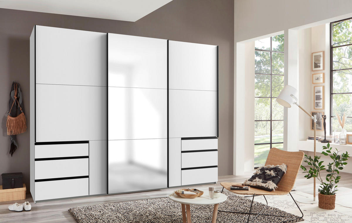 SCHWEBETÜRENSCHRANK 300/216/65 cm 3-türig Weiß  - Schwarz/Weiß, MODERN, Glas/Holzwerkstoff (300/216/65cm) - MID.YOU