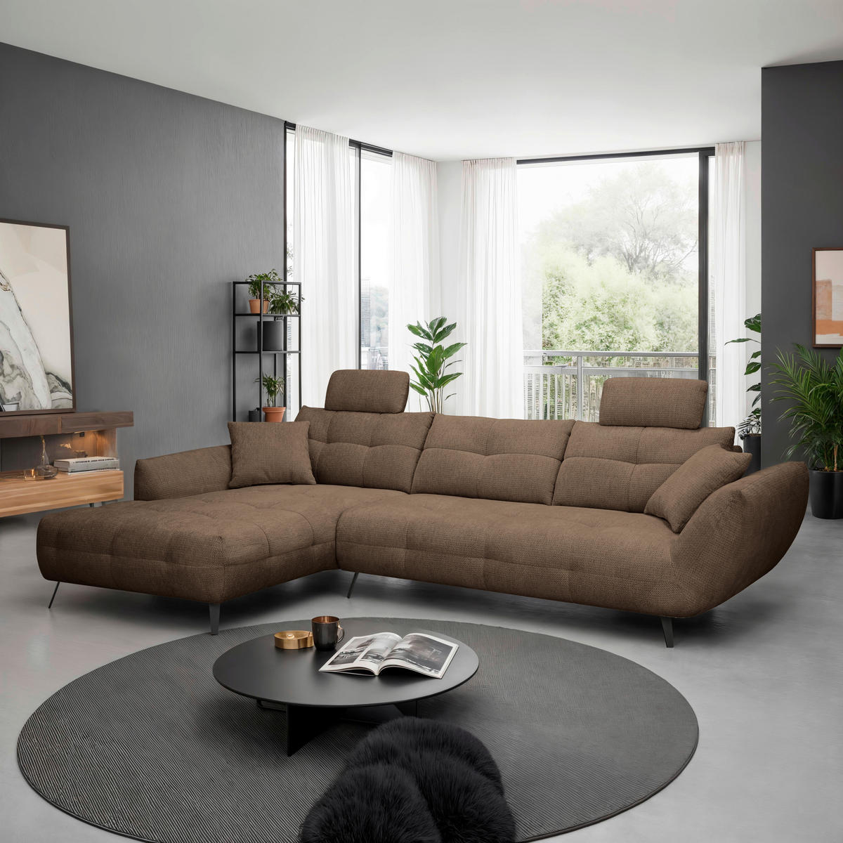 ECKSOFA Terracotta Chenille Armlehnenkissen, Rücken echt, Sitztiefenverstellung  - Terracotta/Schwarz, KONVENTIONELL, Textil/Metall (215/313cm) - Hom`in