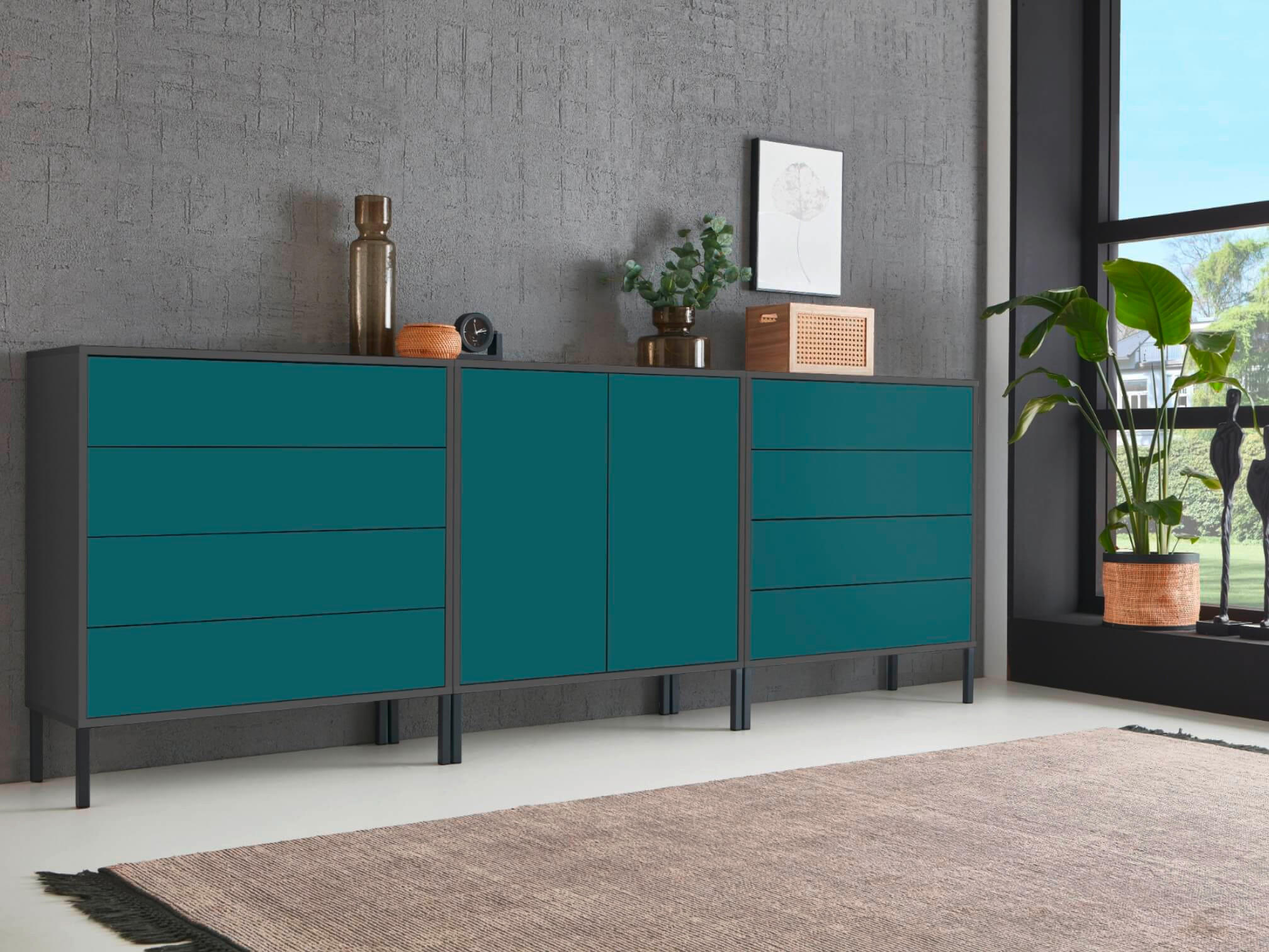 SIDEBOARD Mailand Set 4 + MF  in 237/86/33 cm  - Anthrazit/Petrol, MODERN, Holzwerkstoff/Metall (237/86/33cm) - MID.YOU