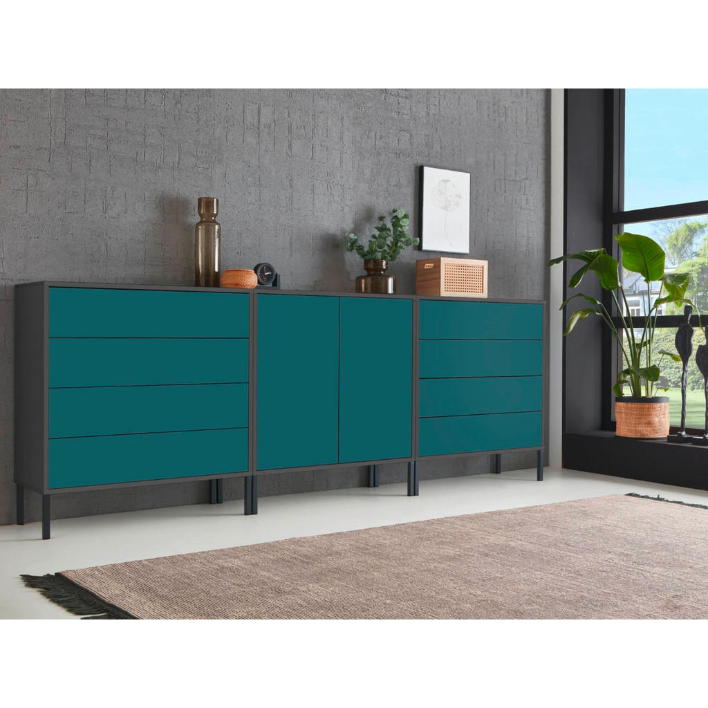 Thumbnail - Mid.you Sideboard Mailand Set 4 + MF, Anthrazit, Petrol, Holzwerkstoff, 3 Fächer, 8 Schubladen, 237x86x33 cm, erweiterba...