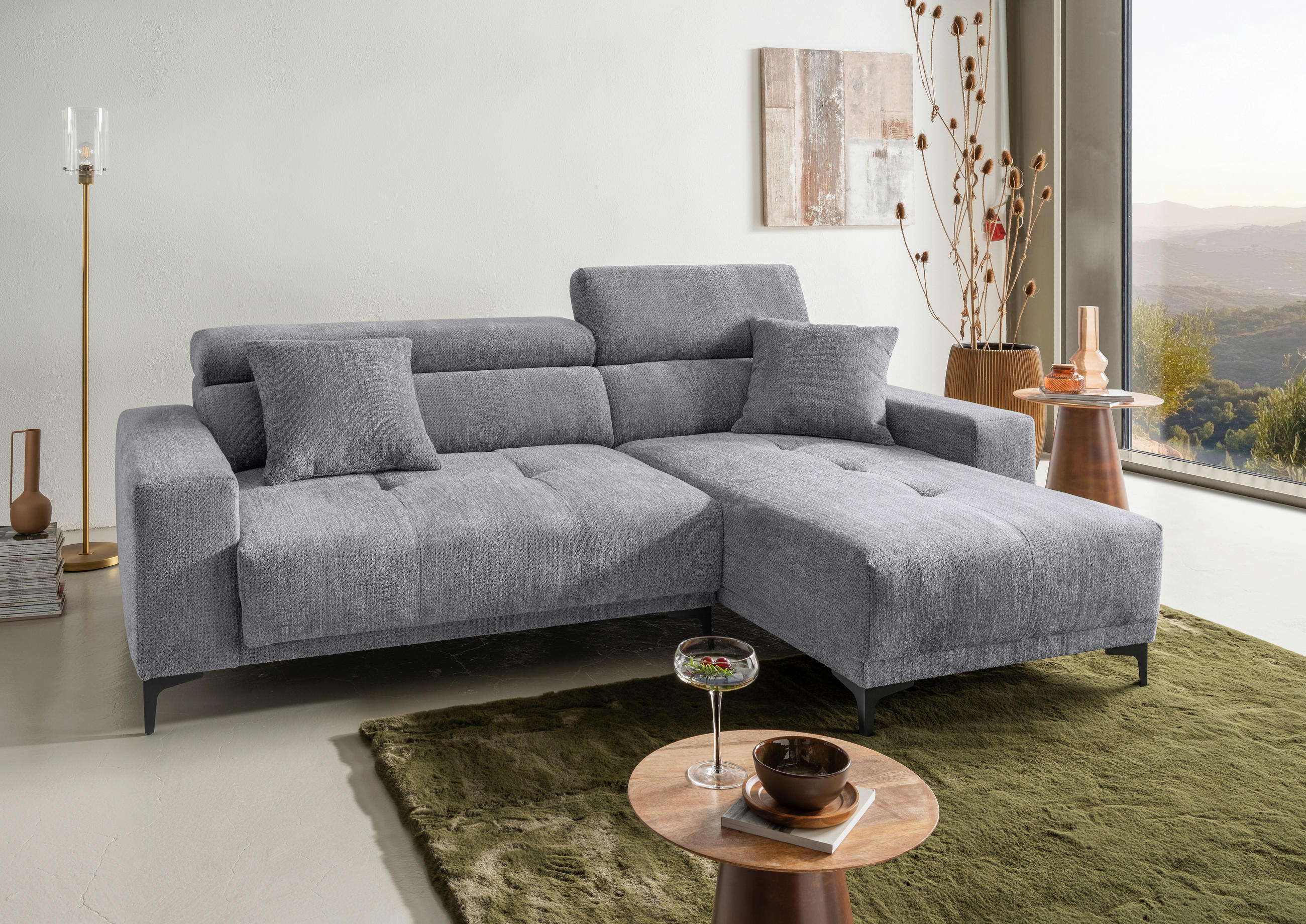 ECKSOFA Chenille Grau  - Schwarz/Grau, Basics, Textil/Metall (250/183cm) - Livetastic