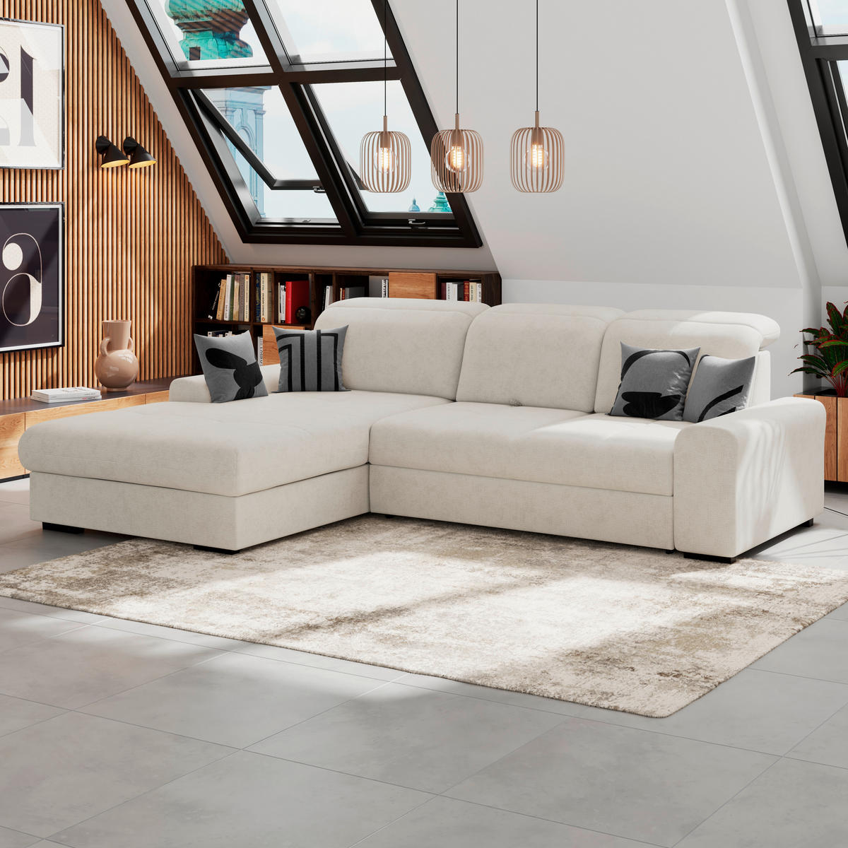 ECKSOFA Elfenbein Chenille Rücken echt, Kopfteilverstellung  - Elfenbein/Schwarz, KONVENTIONELL, Holz/Textil (203/286cm) - MID.YOU