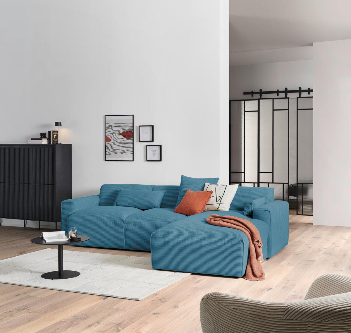 ECKSOFA Hellblau Cord  - Schwarz/Hellblau, Design, Kunststoff/Textil (303/196cm) - Livetastic