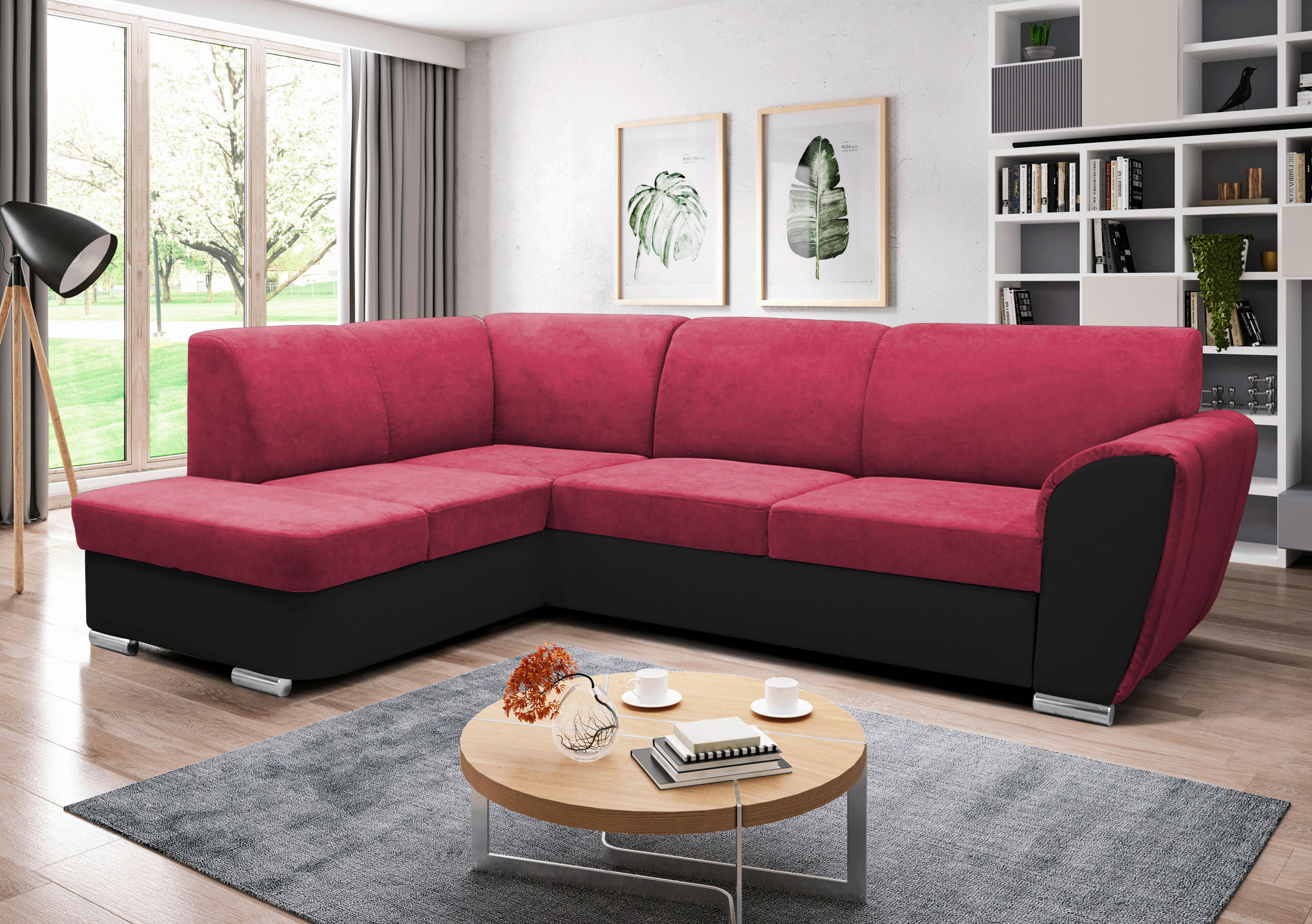 ECKSOFA Rot, Schwarz Velours  - Silberfarben/Rot, Design, Kunststoff/Textil (196/255cm) - MID.YOU