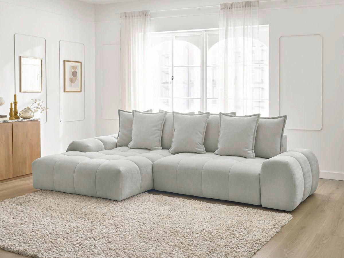 ECKSCHLAFSOFA EVEREST  mit Rücken echt, Armteil links, Armteil rechts Struktur Hellgrau  - Hellgrau/Schwarz, MODERN, Kunststoff/Textil (180/318cm) - Livetastic