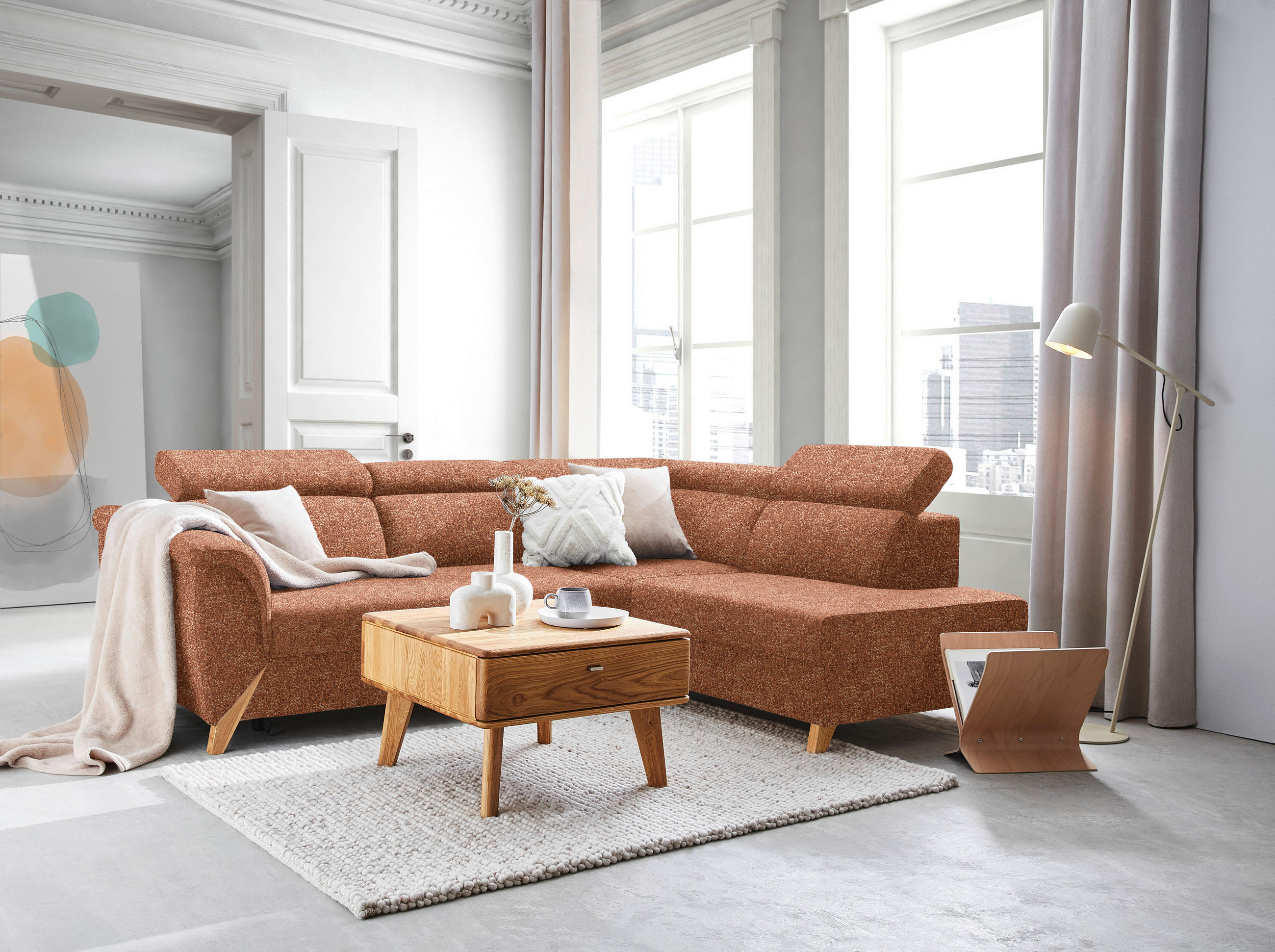 ECKSOFA  in Bouclé Cognac  265/200 cm  - Cognac/Naturfarben, KONVENTIONELL, Holz/Textil (265/200cm) - Stylife