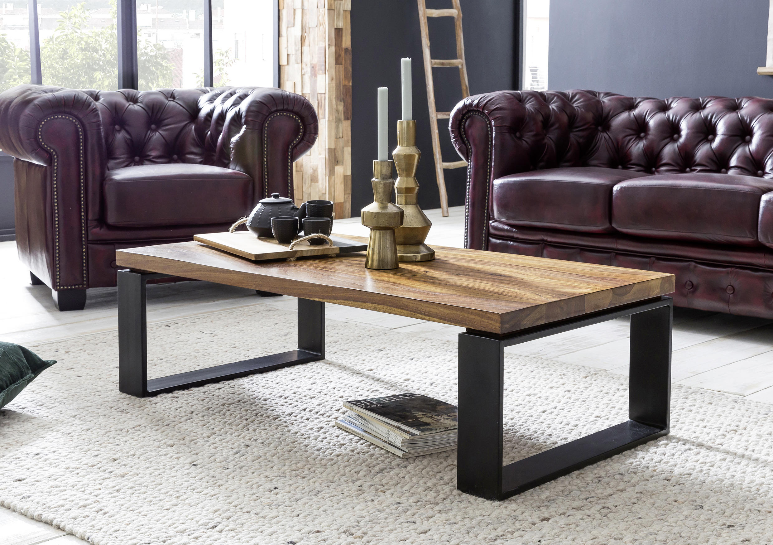 Couchtisch "WL5.650" , Sheesham massiv 115/60/35 cm rechteckig Sheeshamfarben  - Sheeshamfarben/Schwarz, Design, Holz/Metall (115/60/35cm) - MID.YOU