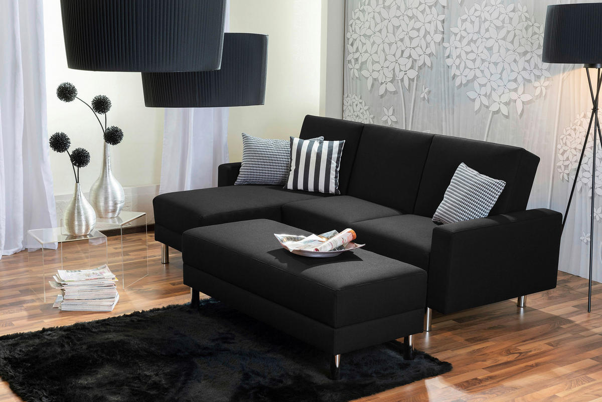 ECKSCHLAFSOFA inkl. Hocker Schwarz Flachgewebe  - Chromfarben/Schwarz, KONVENTIONELL, Textil/Metall (152/230cm) - Max Winzer