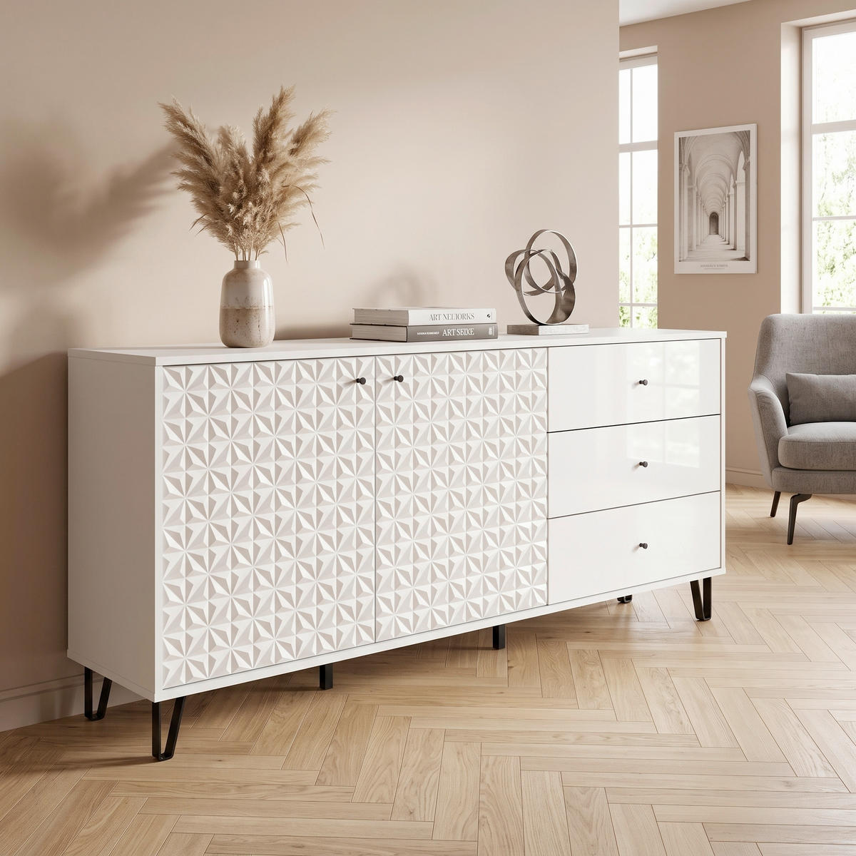 KOMODA   170/76/40 cm   bijela visoki sjaj  - bijela visoki sjaj/crna, Design, drvni materijal/metal (170/76/40cm) - Livetastic