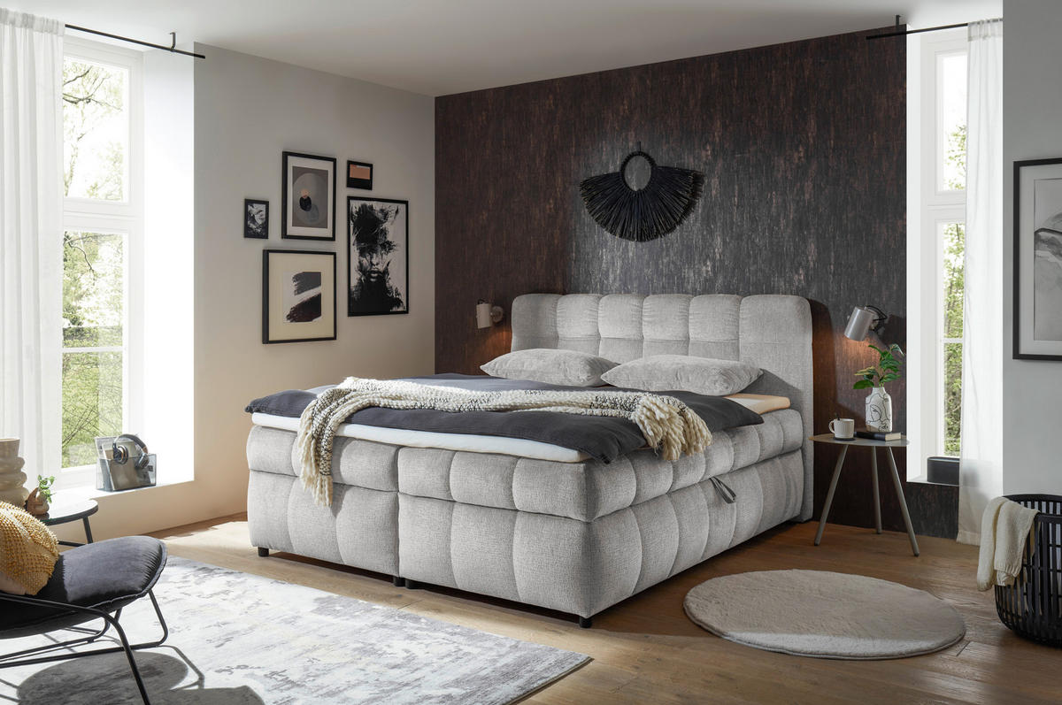 BOXBETT 180/200 cm,  in Hellgrau, Bettkasten, Topper, H2 + H2 = mittel  - Hellgrau/Schwarz, Design, Kunststoff/Textil (180/200cm) - Esposa