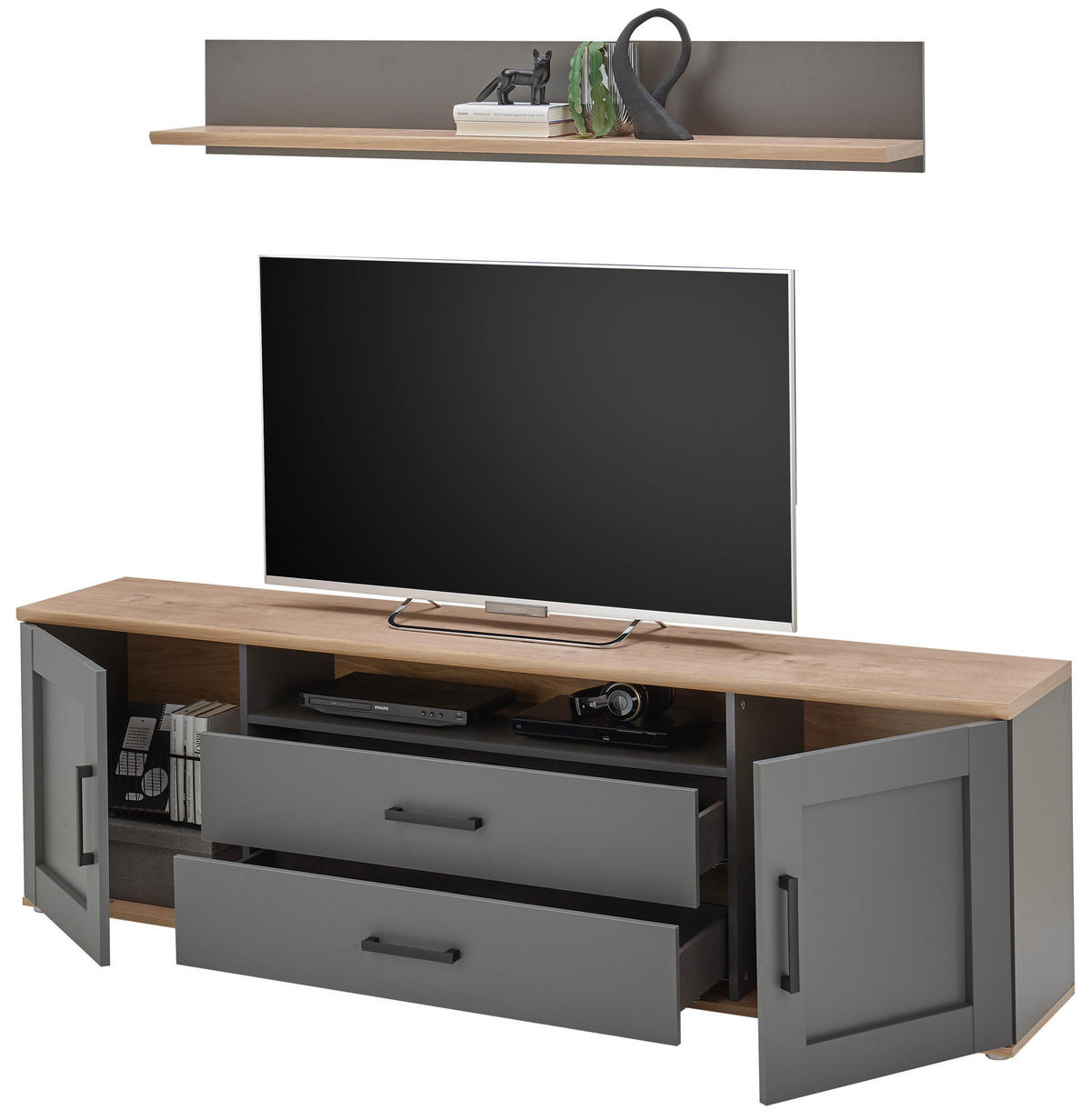 TV-ELEMENT siva, hrast artisan  - srebrne barve/siva, Trendi, umetna masa/leseni material (200/60/38cm) - Carryhome